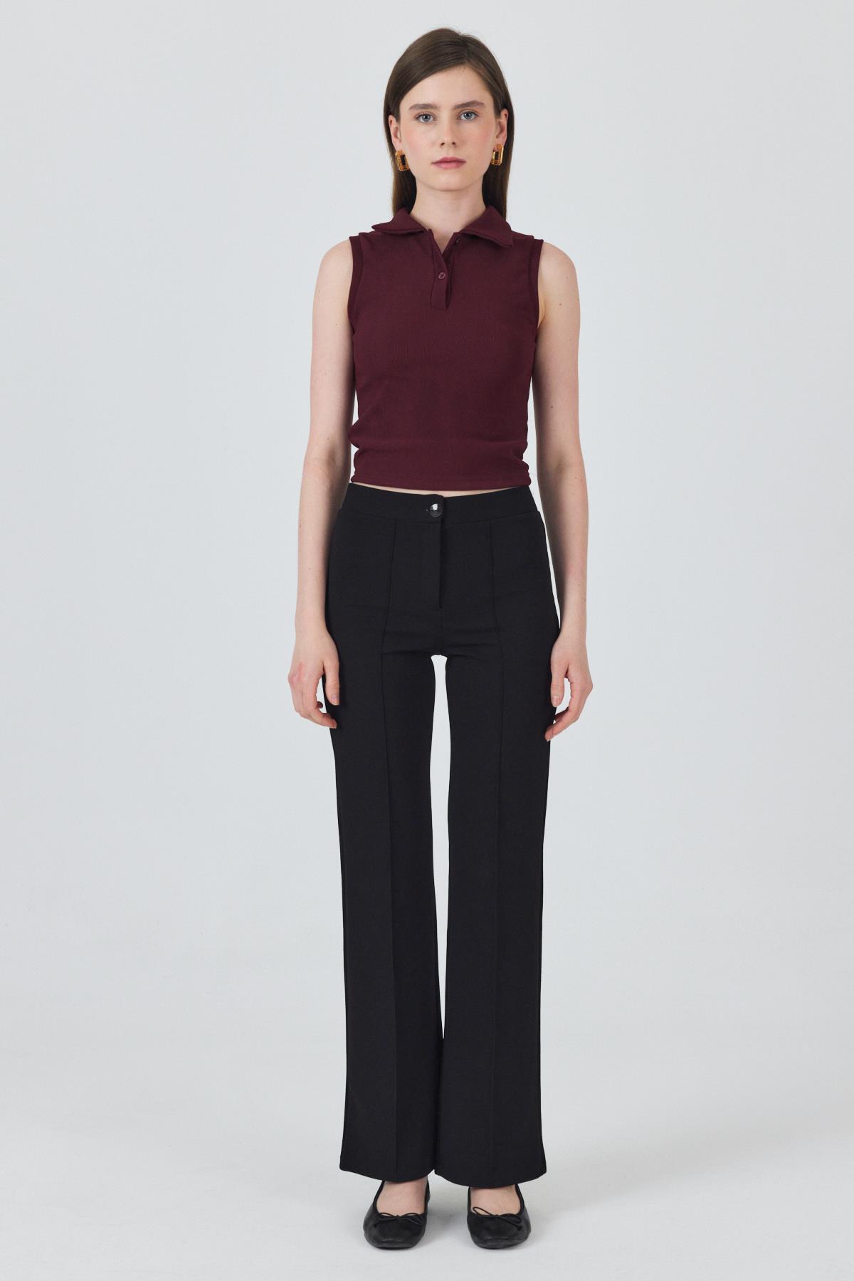 Bordo Düğmeli Polo Yaka Sıfır Kol Örme Bluz 2219 - 2