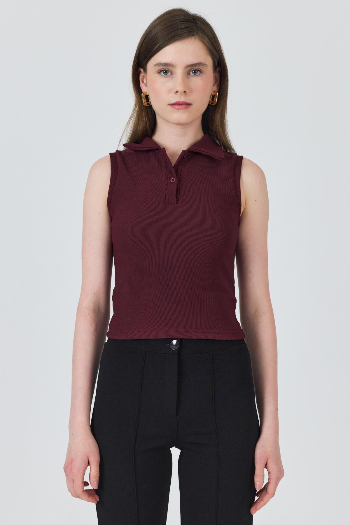 Bordo Düğmeli Polo Yaka Sıfır Kol Örme Bluz 2219 - 3