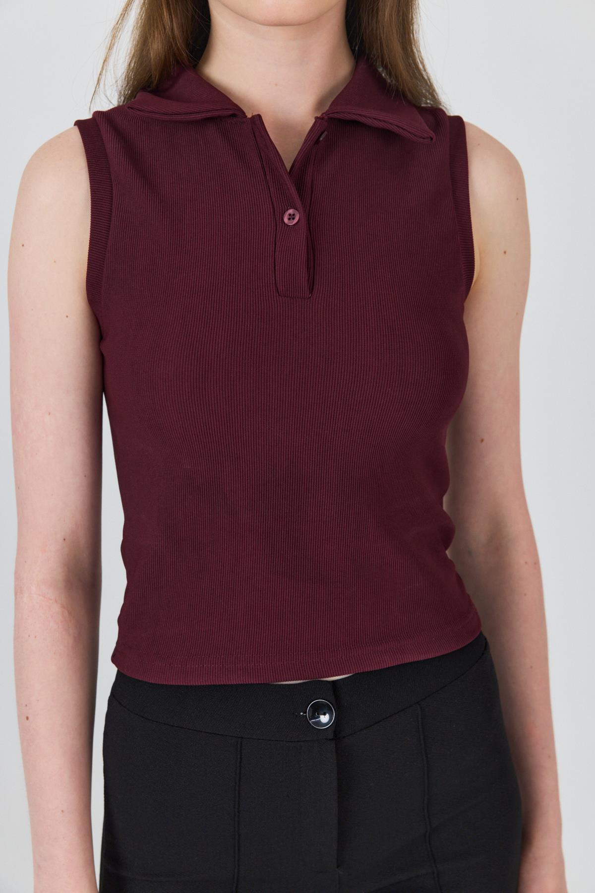 Bordo Düğmeli Polo Yaka Sıfır Kol Örme Bluz 2219 - 4