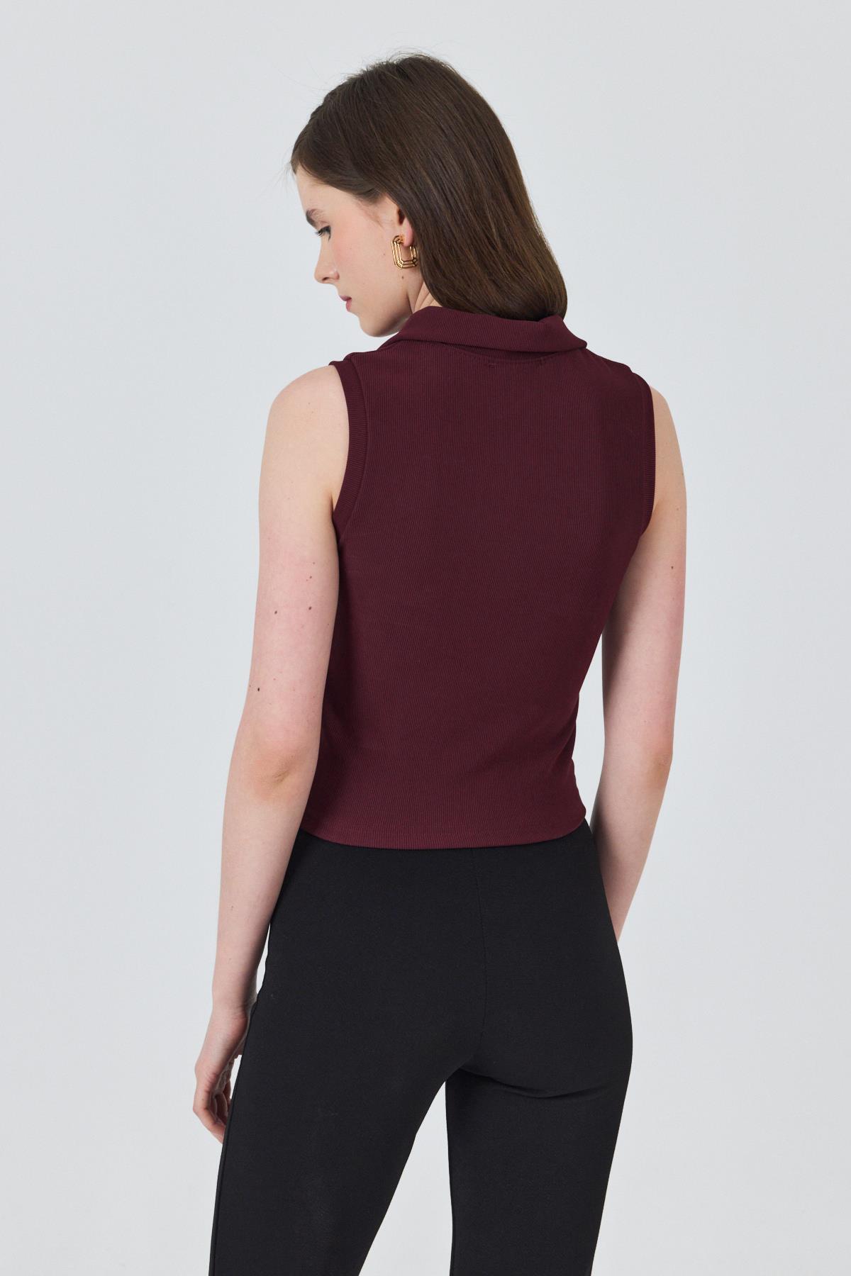 Bordo Düğmeli Polo Yaka Sıfır Kol Örme Bluz 2219 - 5