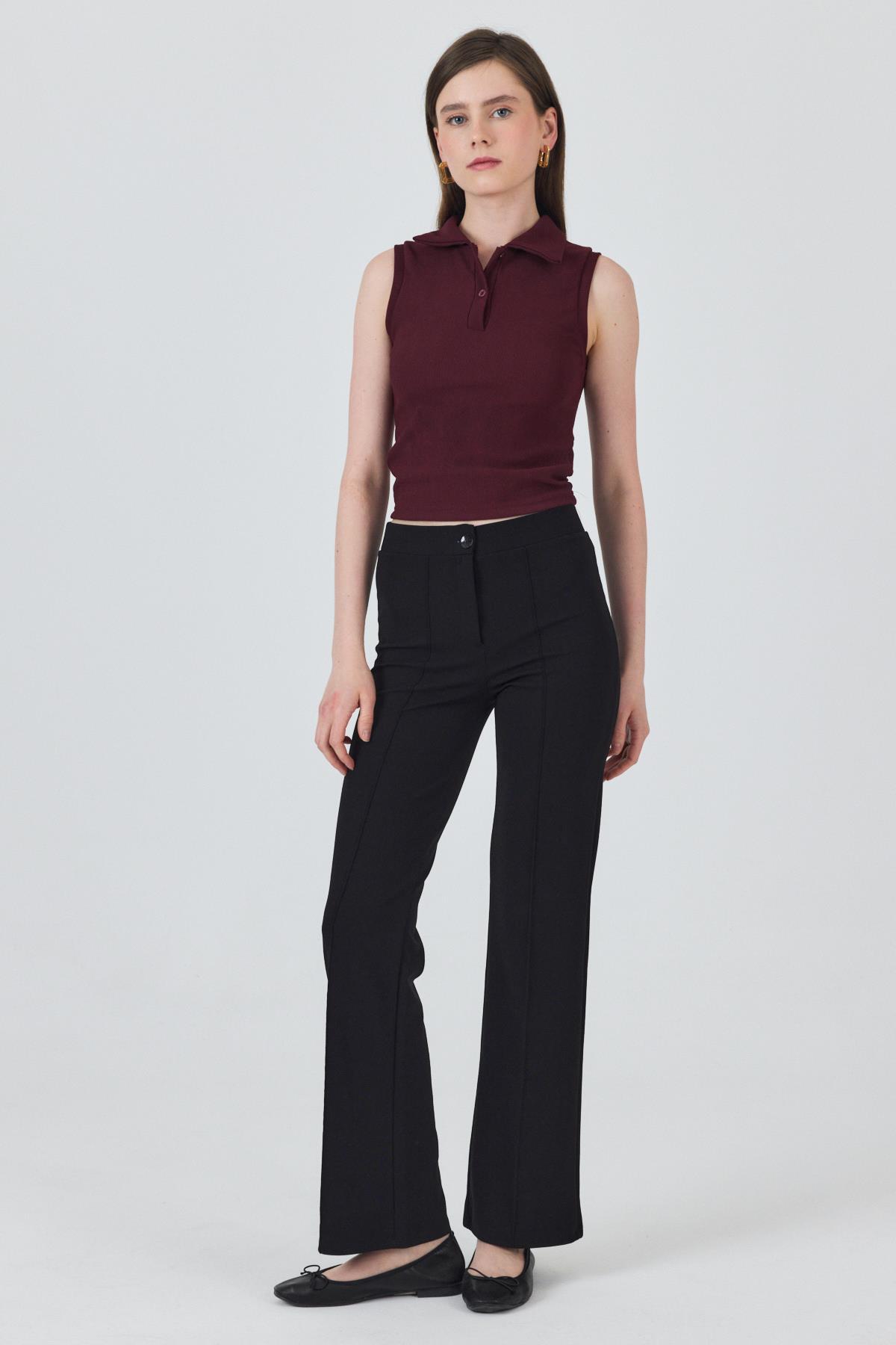 Bordo Düğmeli Polo Yaka Sıfır Kol Örme Bluz 2219 - 6