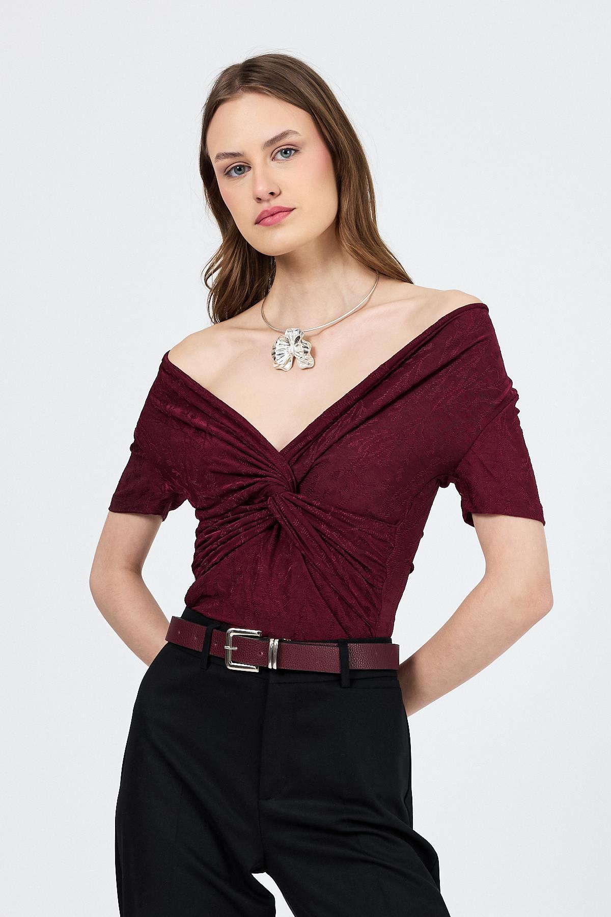 Bordo Düşük Omuz Büzgü Detaylı Bluz 13325 - 1