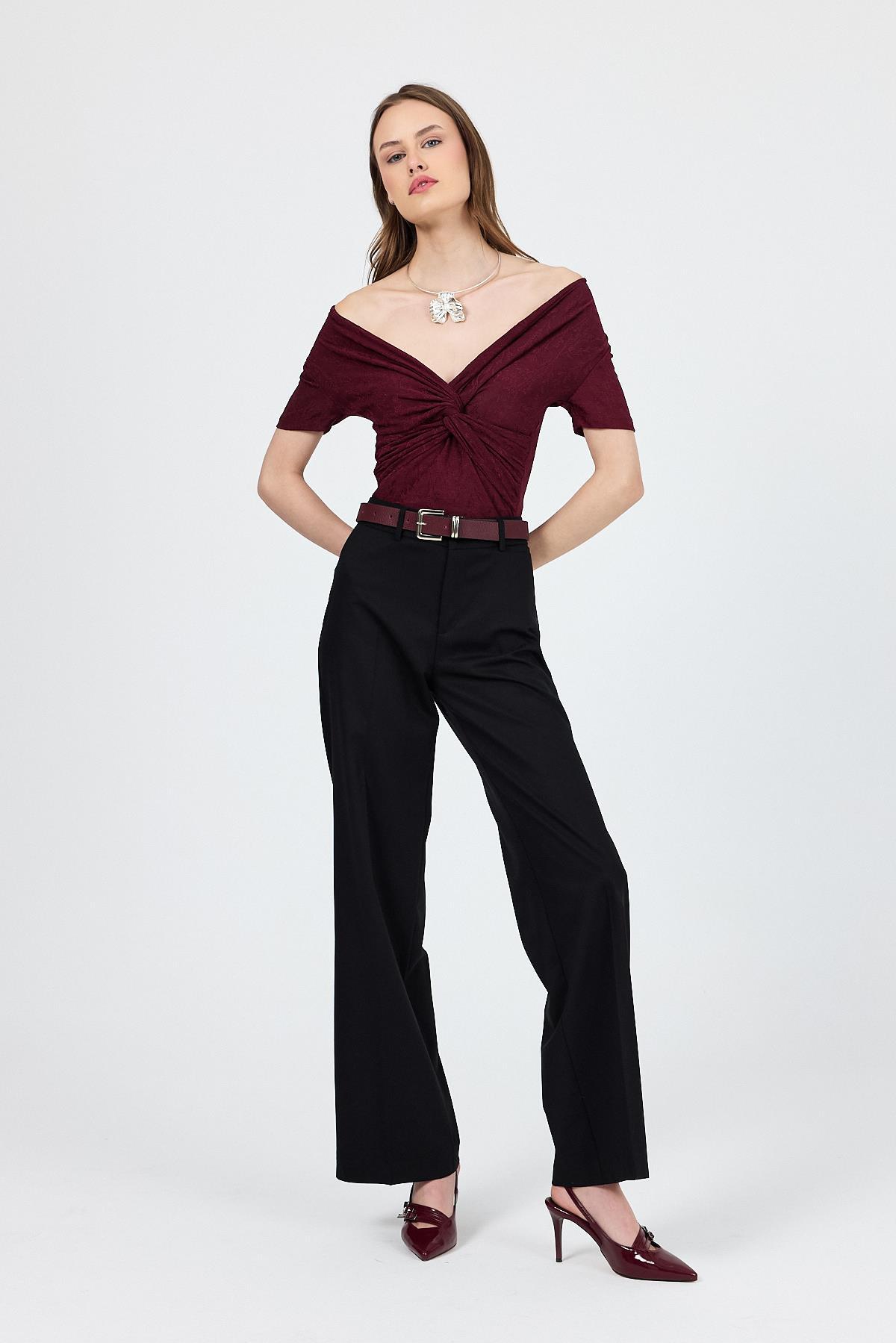 Bordo Düşük Omuz Büzgü Detaylı Bluz 13325 - RAYS