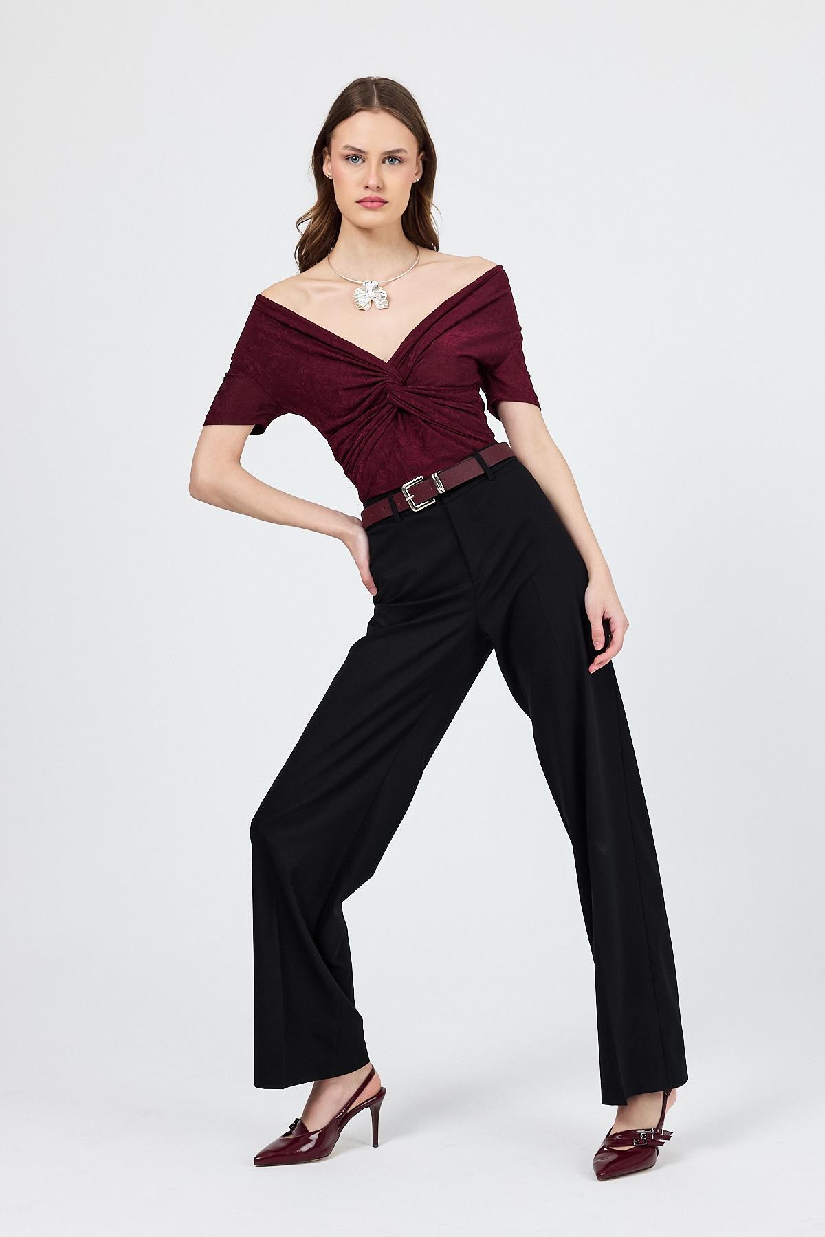 Bordo Düşük Omuz Büzgü Detaylı Bluz 13325 - 8