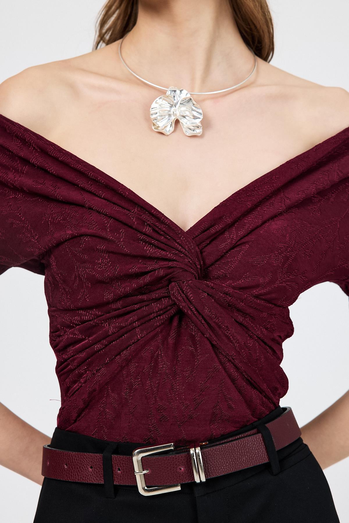 Bordo Düşük Omuz Büzgü Detaylı Bluz 13325 - 4