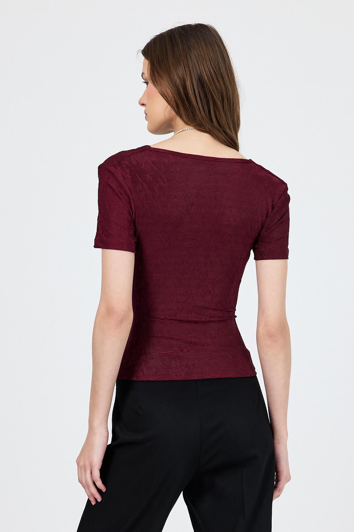 Bordo Düşük Omuz Büzgü Detaylı Bluz 13325 - 5
