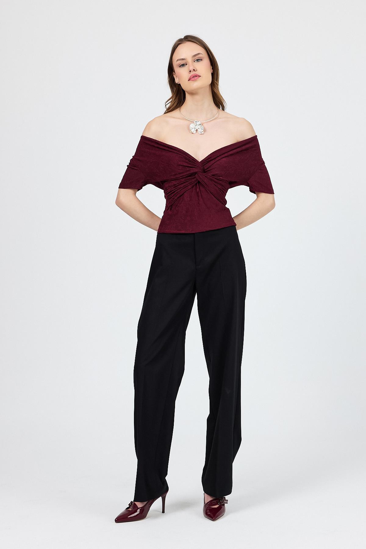 Bordo Düşük Omuz Büzgü Detaylı Bluz 13325 - 6
