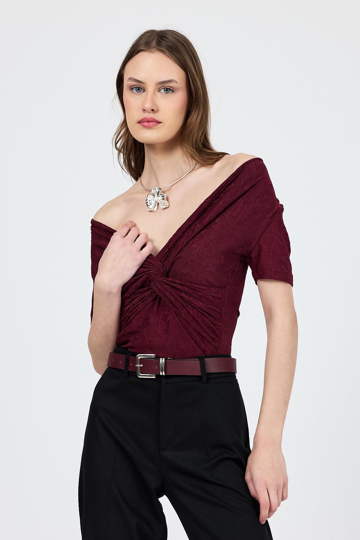 Bordo Düşük Omuz Büzgü Detaylı Bluz 13325 - 7