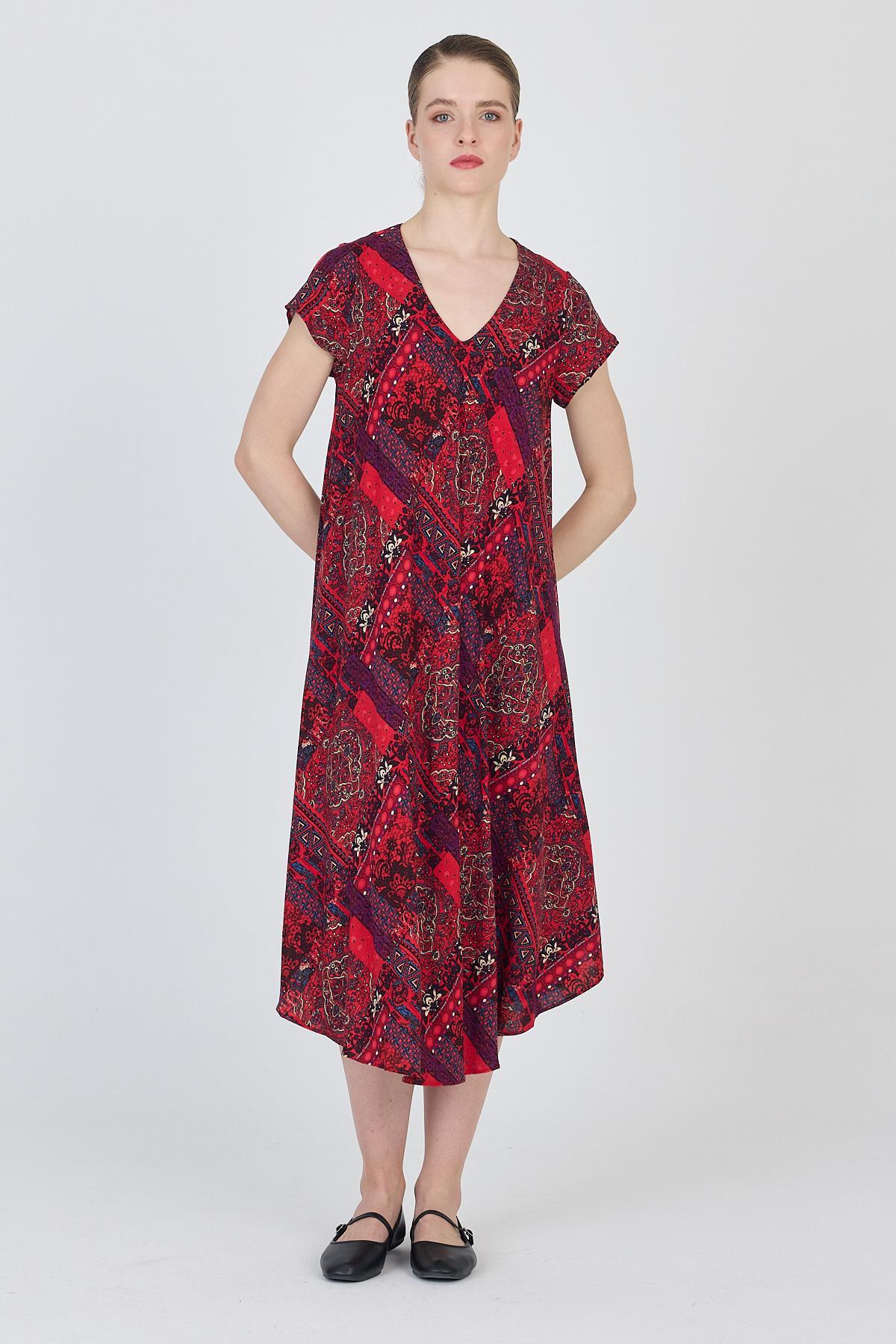 Bordo Etnik Desenli V Yaka Kısa Kollu Midi Elbise 200 - RAYS