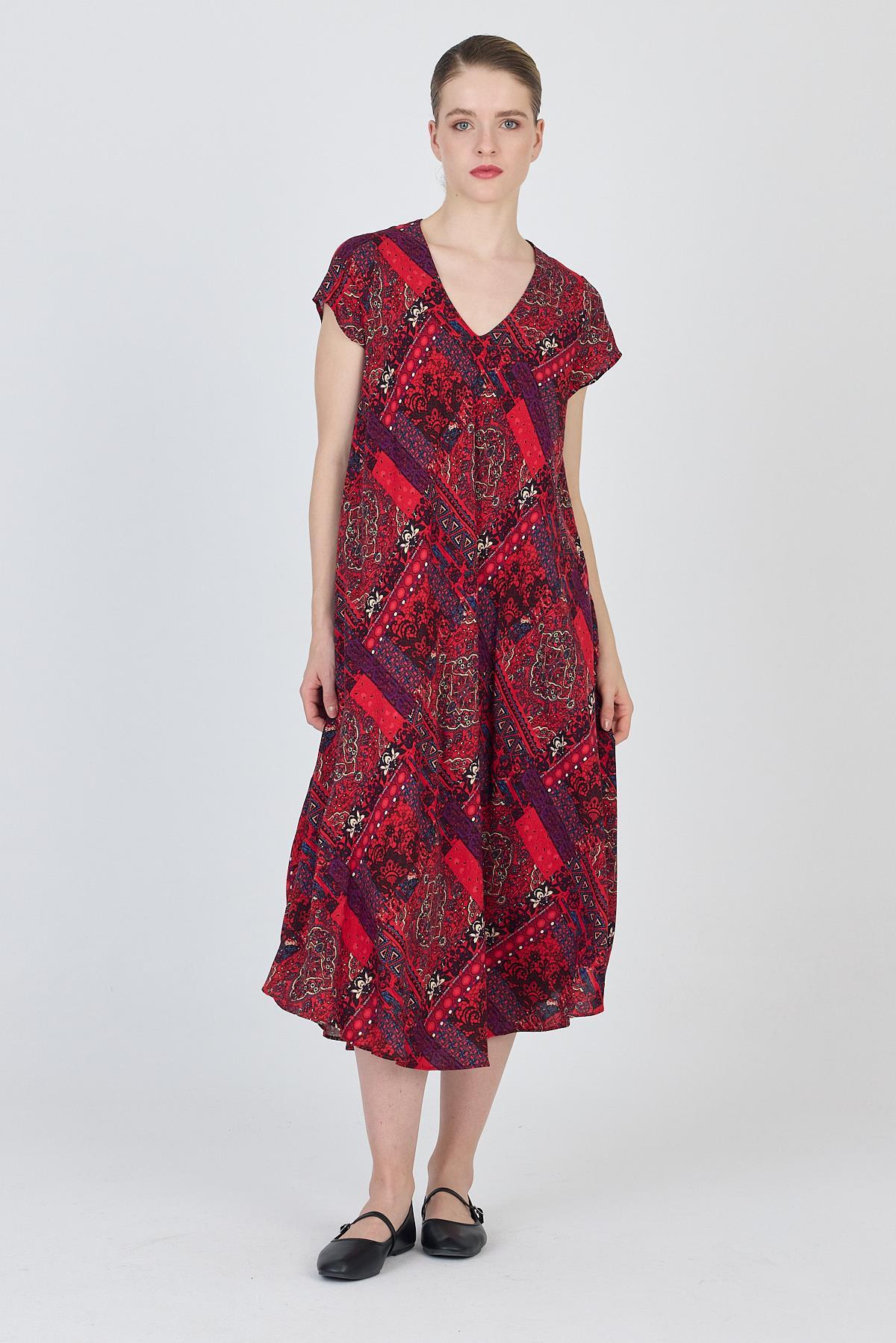 Bordo Etnik Desenli V Yaka Kısa Kollu Midi Elbise 200 - 1