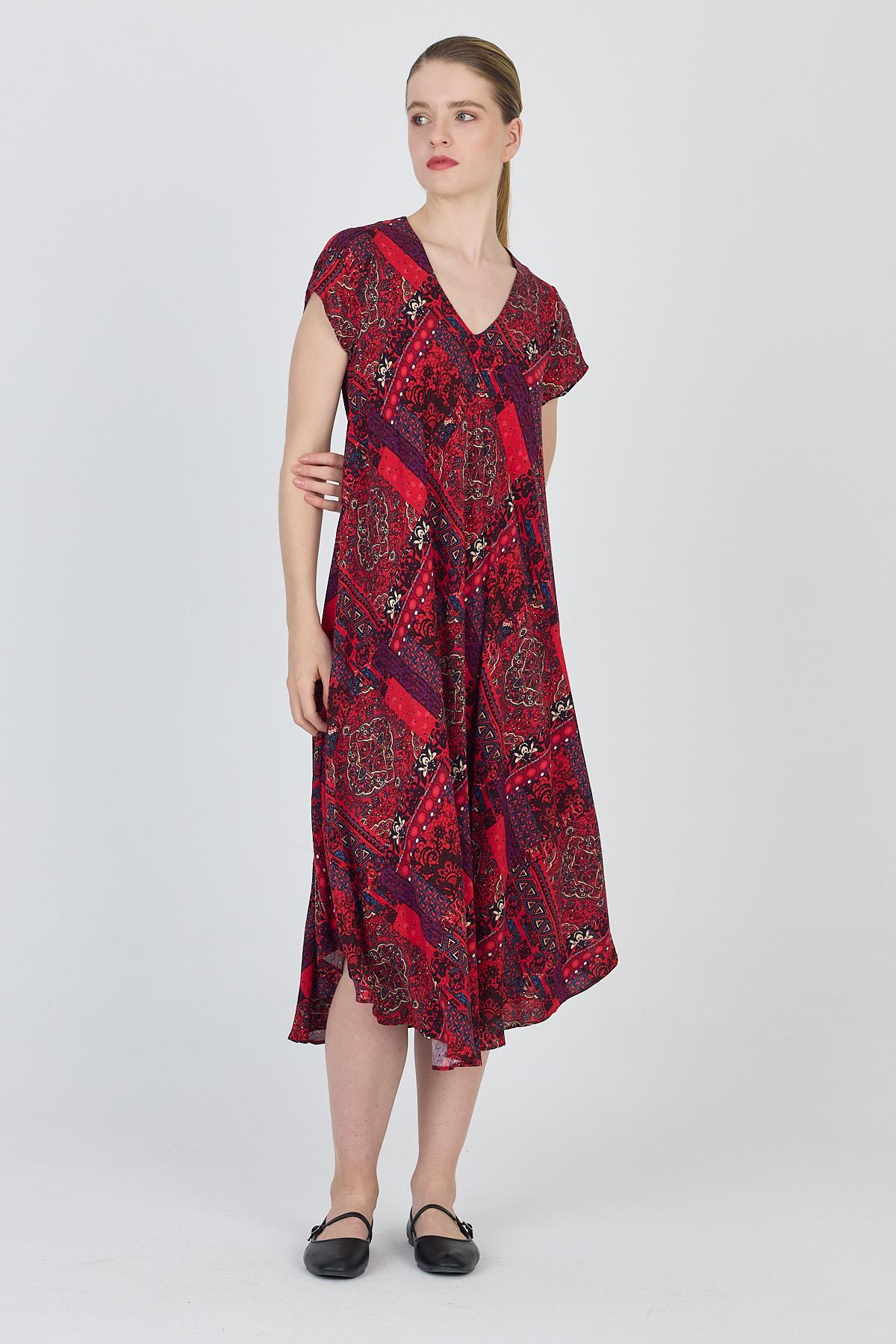 Bordo Etnik Desenli V Yaka Kısa Kollu Midi Elbise 200 - 6