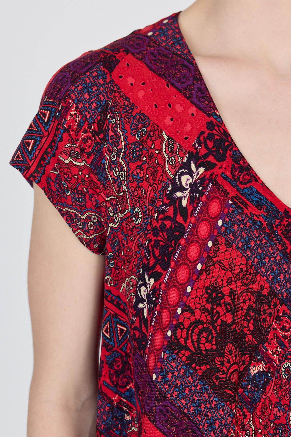 Bordo Etnik Desenli V Yaka Kısa Kollu Midi Elbise 200 - 4