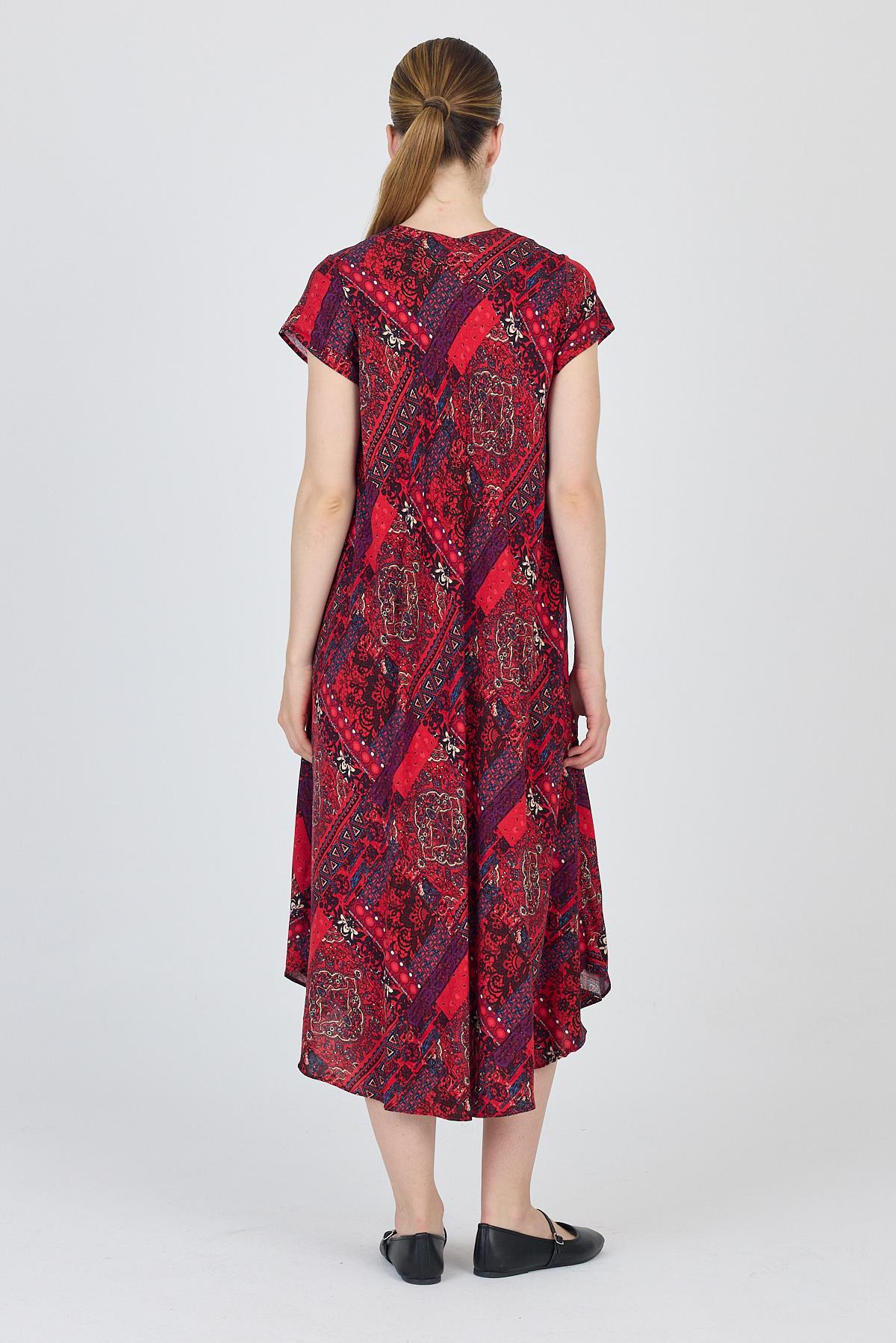 Bordo Etnik Desenli V Yaka Kısa Kollu Midi Elbise 200 - 5