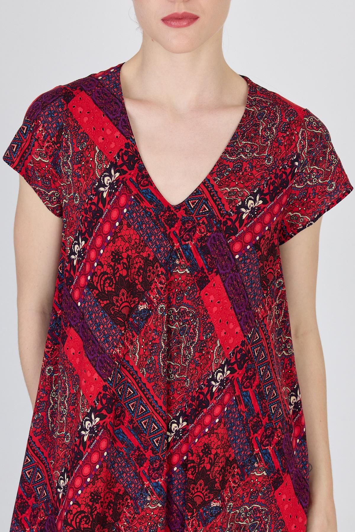 Bordo Etnik Desenli V Yaka Kısa Kollu Midi Elbise 200 - 3