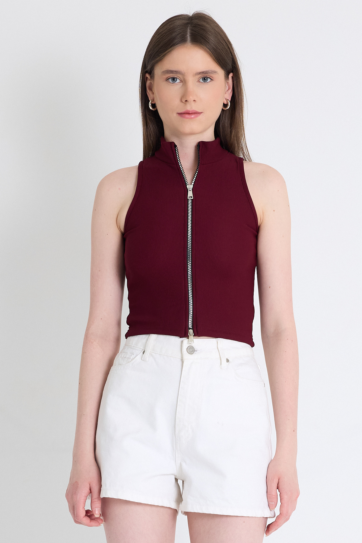 Bordo Fermuar Detaylı Kolsuz Crop Bluz 2226 - RAYS