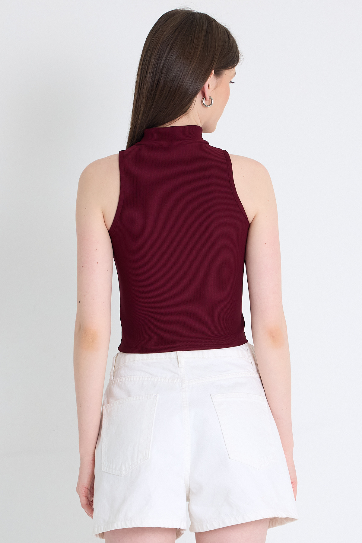Bordo Fermuar Detaylı Kolsuz Crop Bluz 2226 - 5