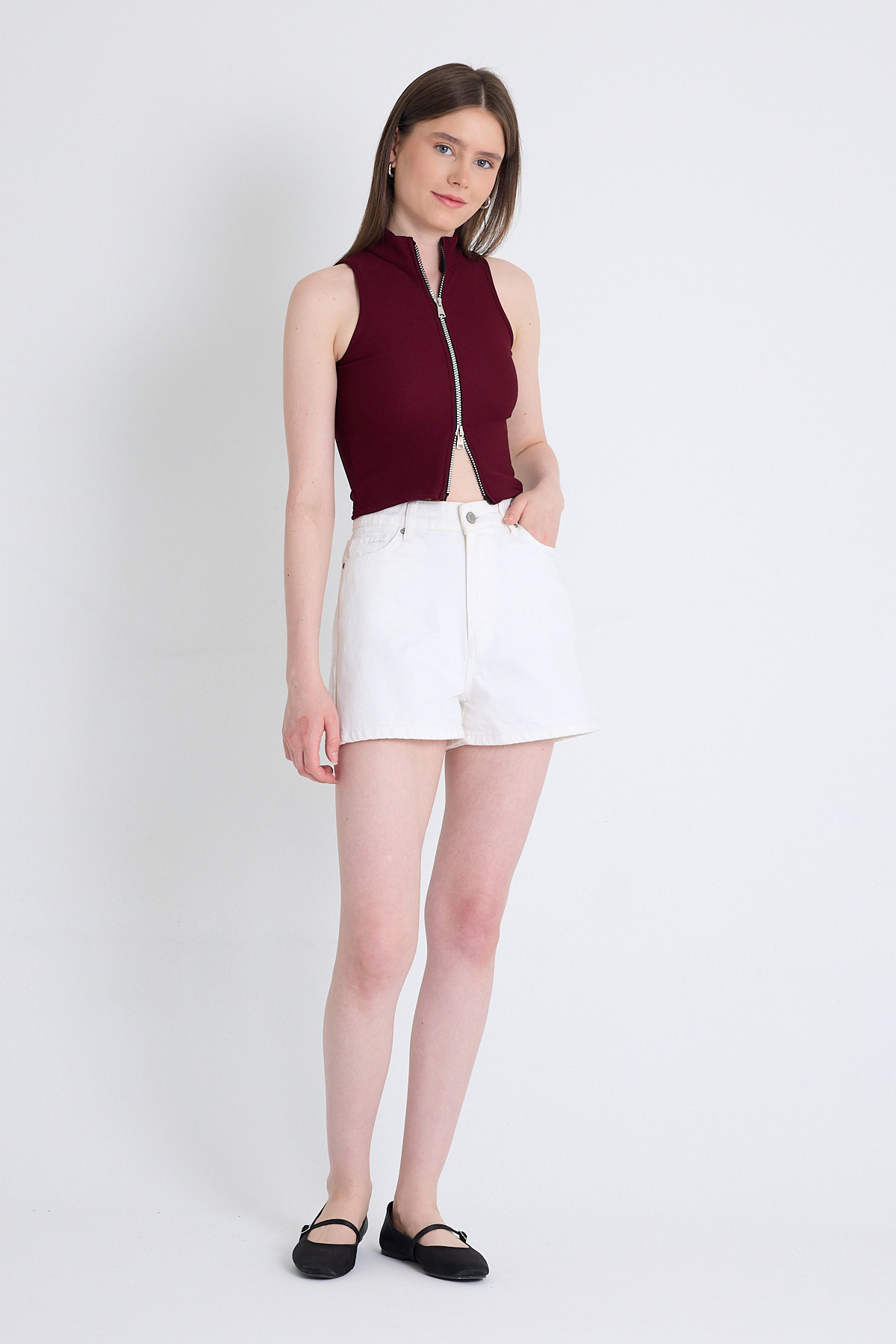 Bordo Fermuar Detaylı Kolsuz Crop Bluz 2226 - RAYS