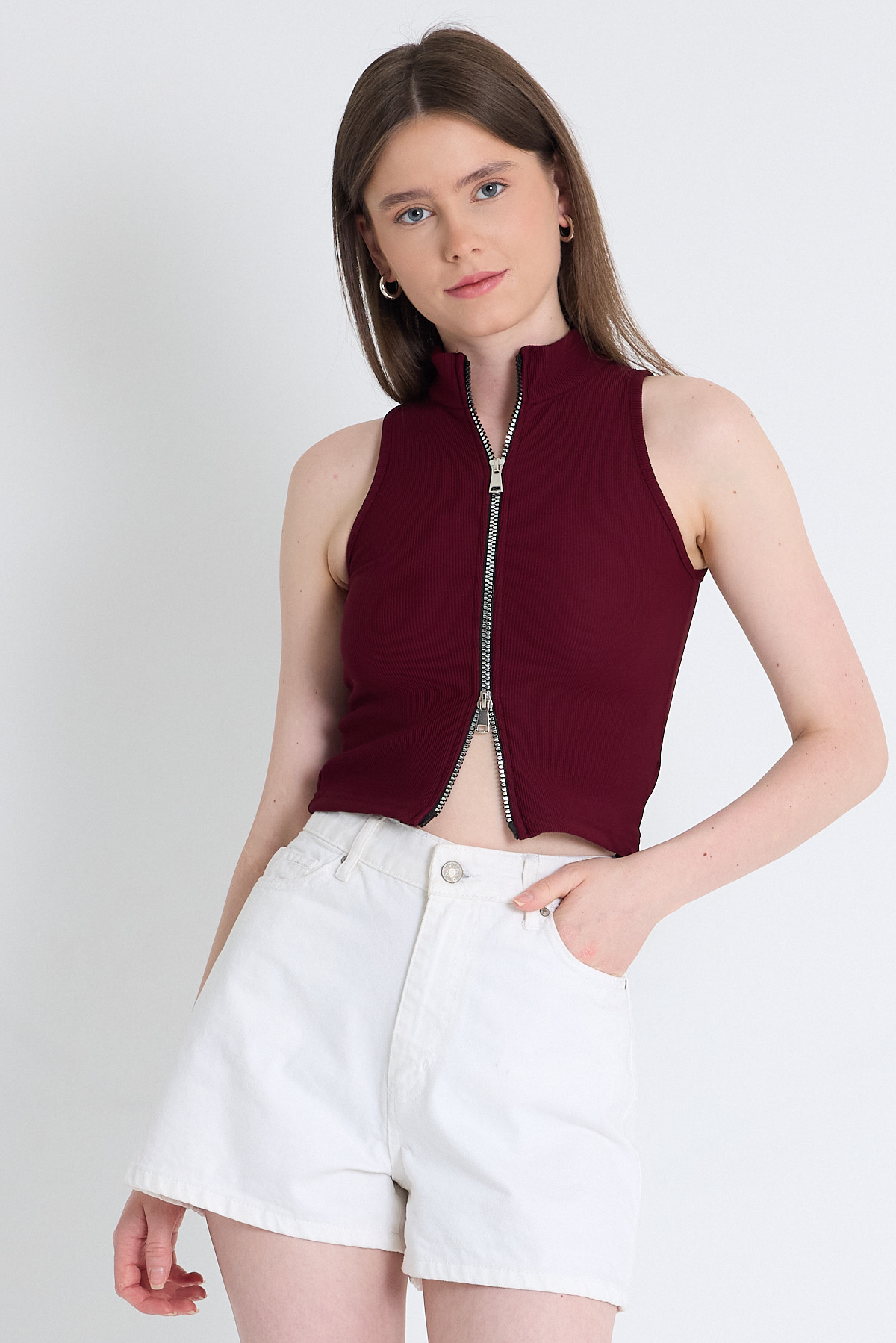 Bordo Fermuar Detaylı Kolsuz Crop Bluz 2226 - RAYS