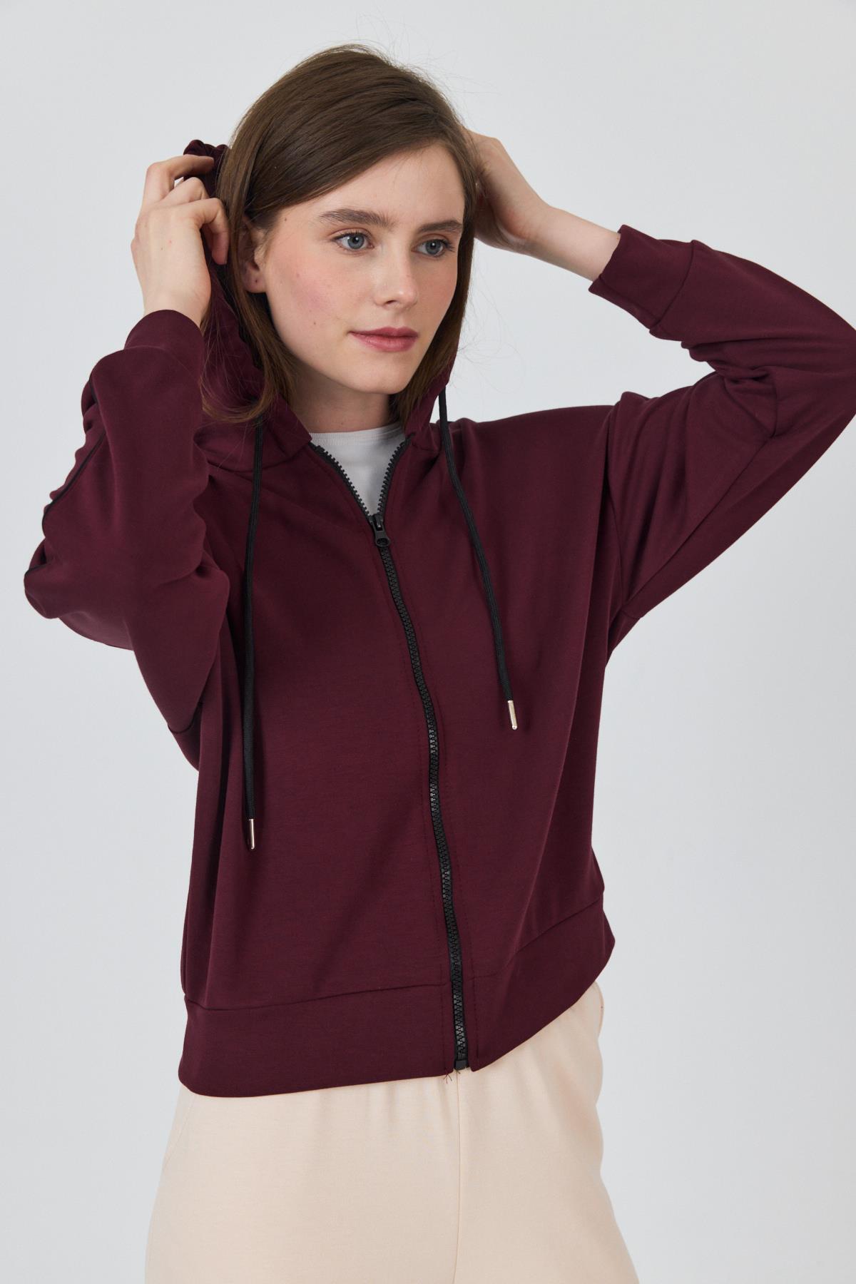 Bordo Fermuarlı Kapüşonlu Şerit Detaylı Sweatshirt 3045 - 4
