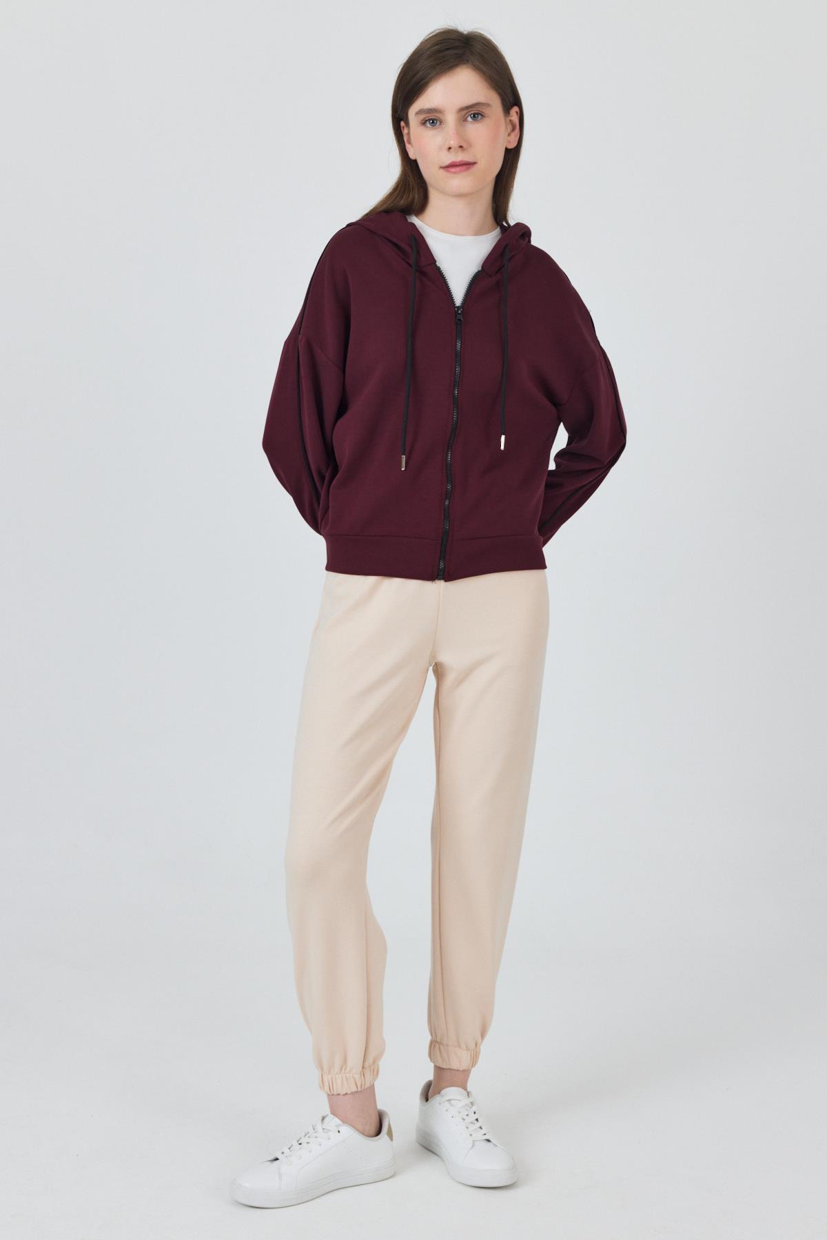 Bordo Fermuarlı Kapüşonlu Şerit Detaylı Sweatshirt 3045 - 1