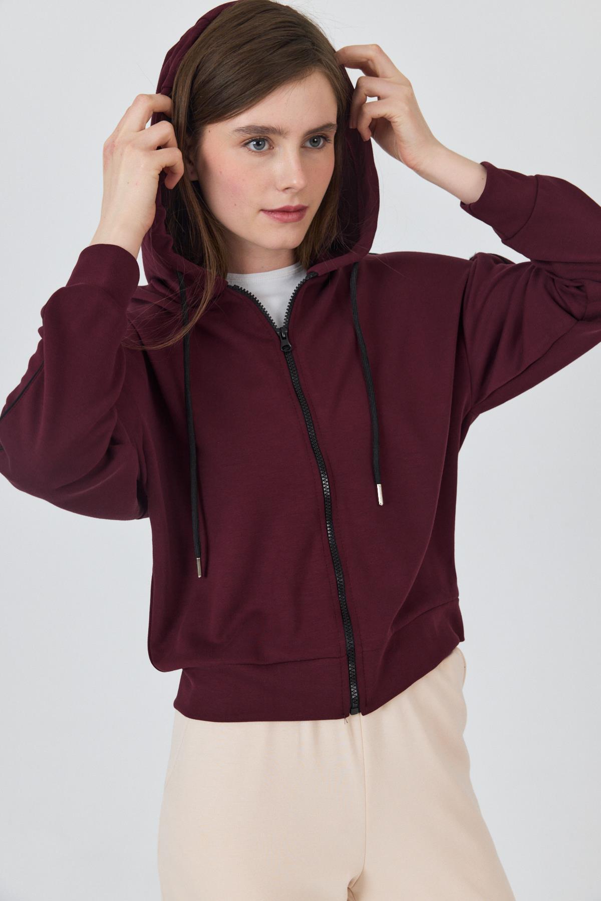 Bordo Fermuarlı Kapüşonlu Şerit Detaylı Sweatshirt 3045 - RAYS