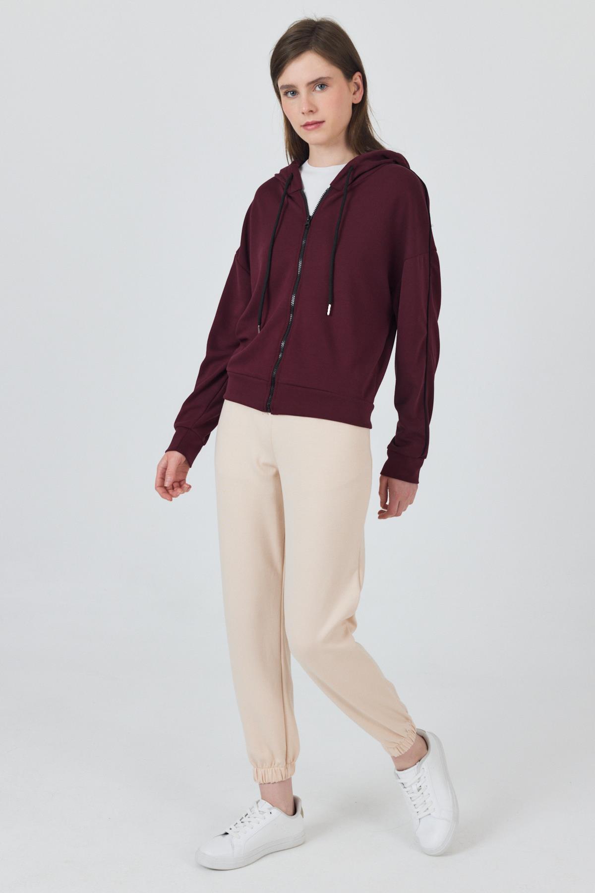 Bordo Fermuarlı Kapüşonlu Şerit Detaylı Sweatshirt 3045 - 3