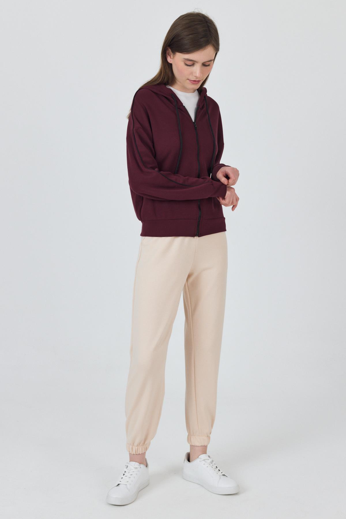 Bordo Fermuarlı Kapüşonlu Şerit Detaylı Sweatshirt 3045 - 6