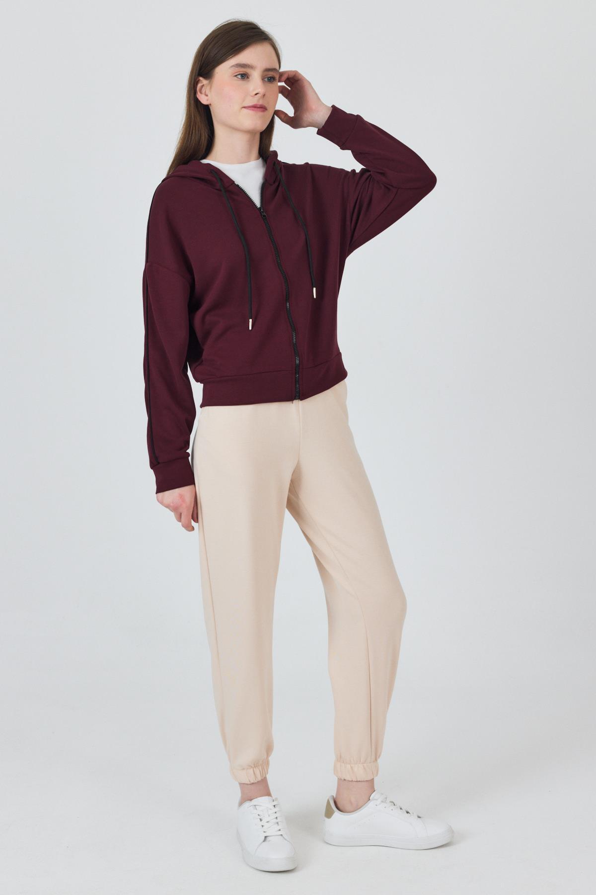 Bordo Fermuarlı Kapüşonlu Şerit Detaylı Sweatshirt 3045 - 7