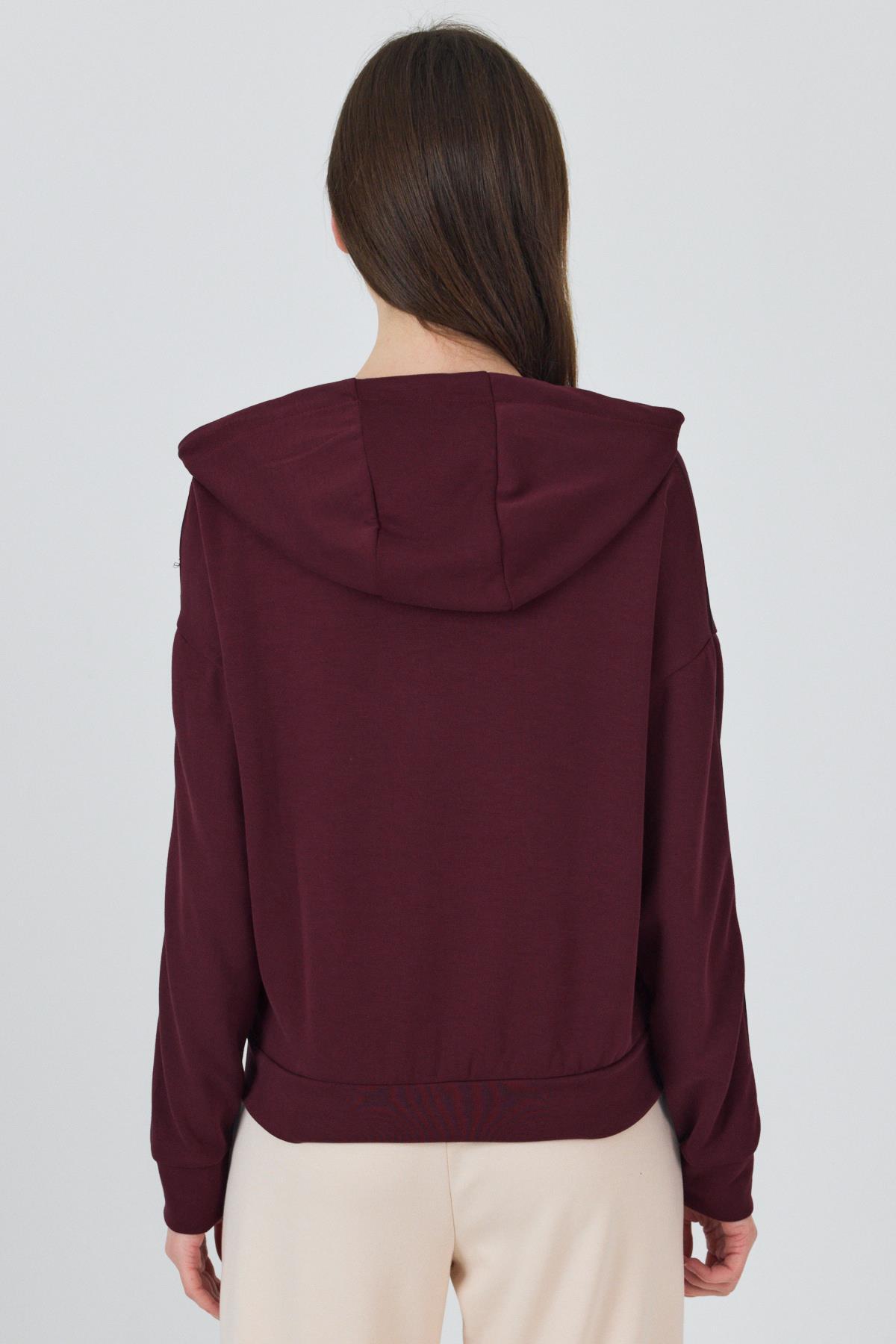 Bordo Fermuarlı Kapüşonlu Şerit Detaylı Sweatshirt 3045 - 5