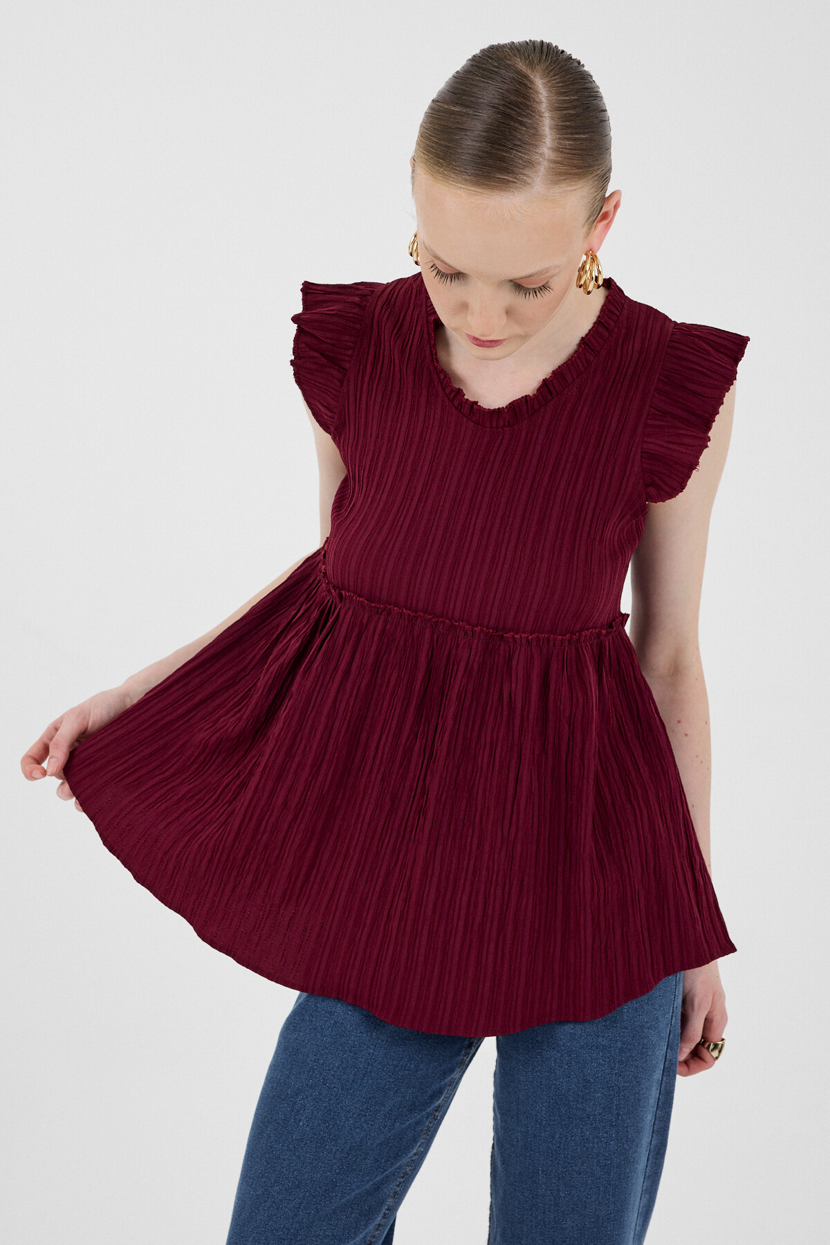 Bordo Fırfır Kol Detaylı Bluz 8053A - 4