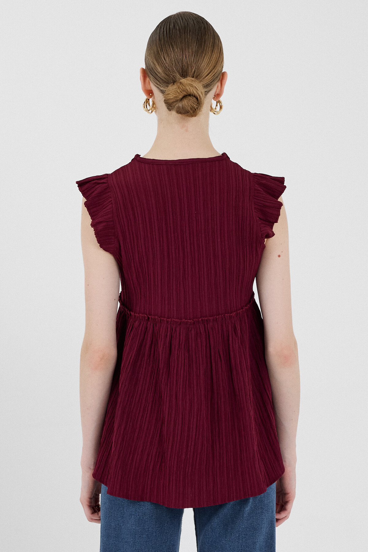 Bordo Fırfır Kol Detaylı Bluz 8053A - 5