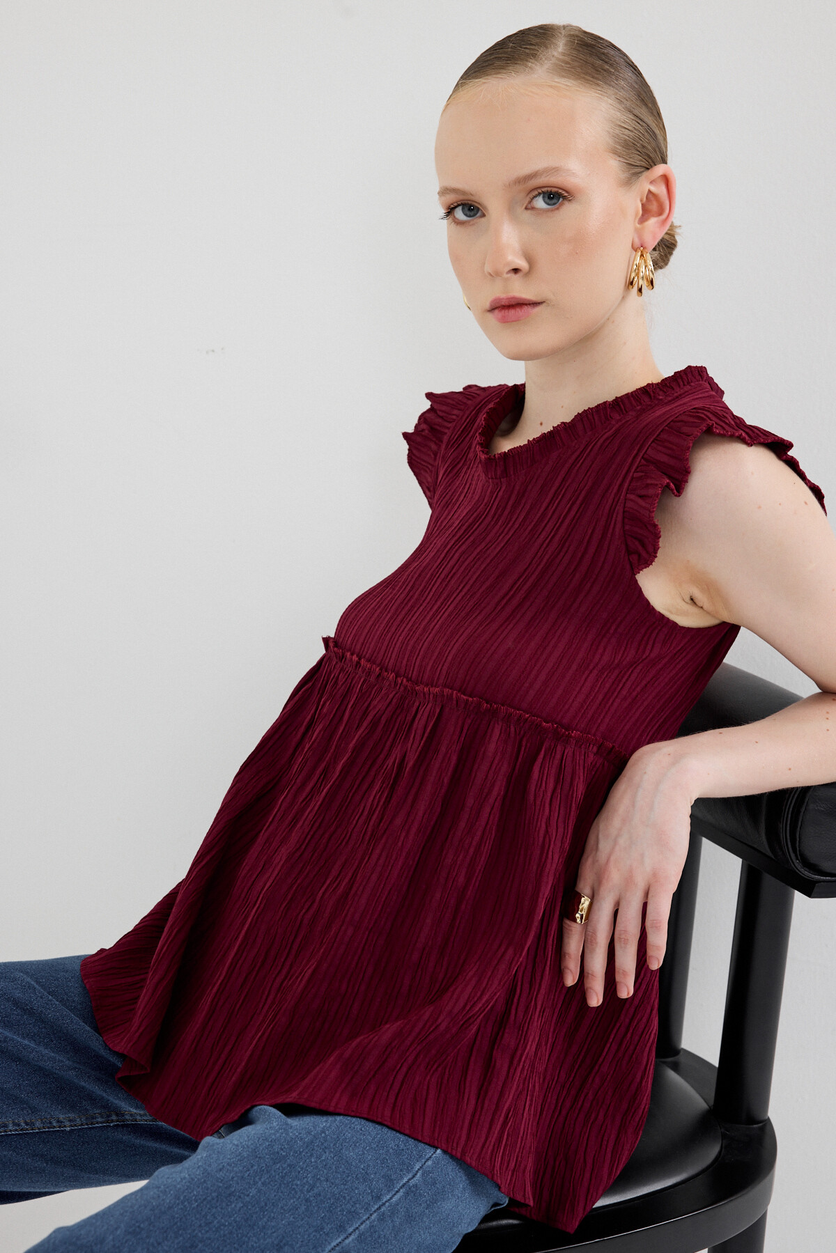 Bordo Fırfır Kol Detaylı Bluz 8053A - 1