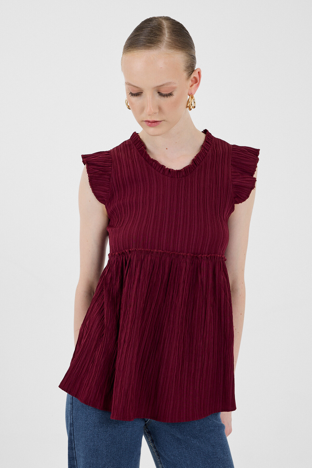 Bordo Fırfır Kol Detaylı Bluz 8053A - 2