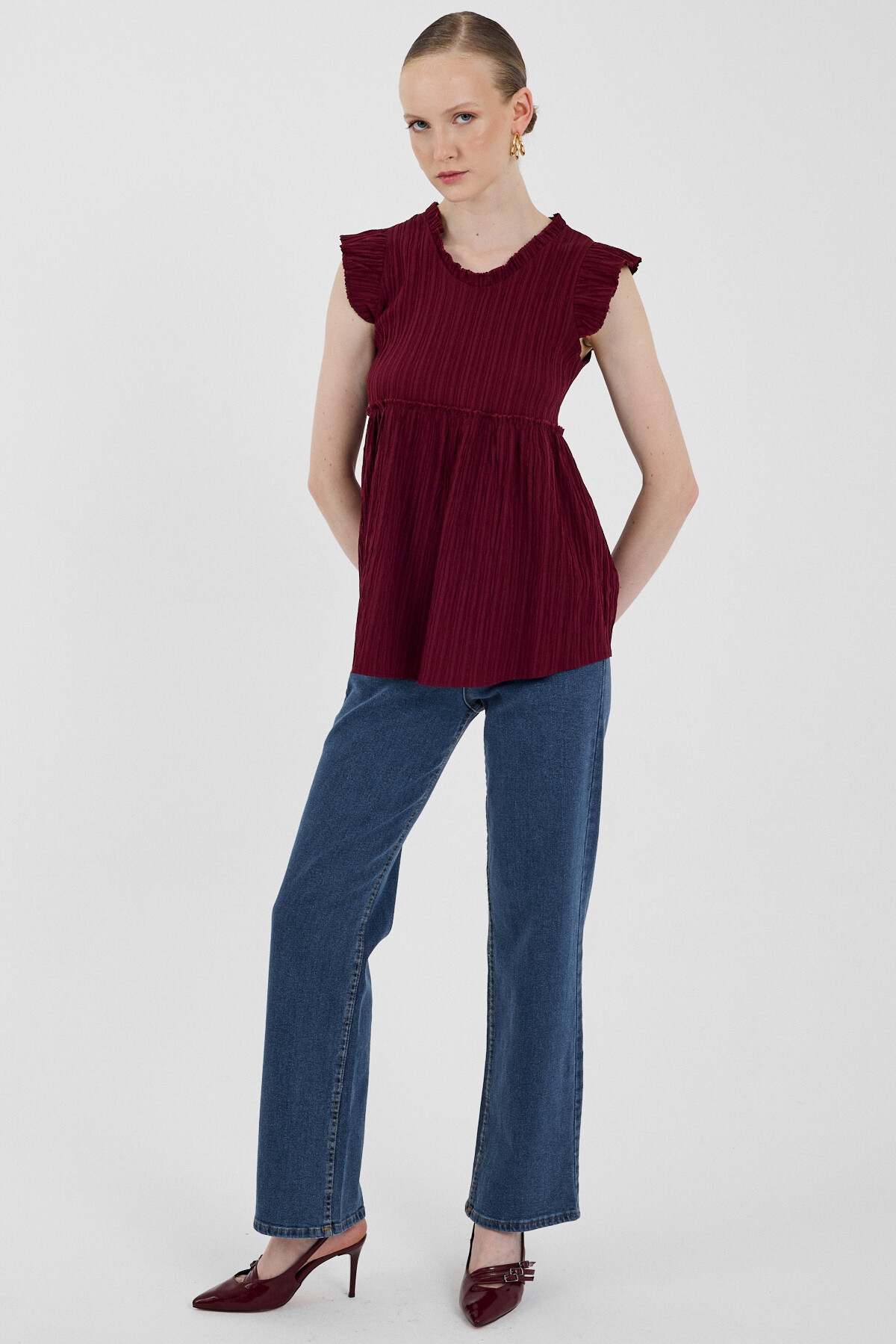 Bordo Fırfır Kol Detaylı Bluz 8053A - 3