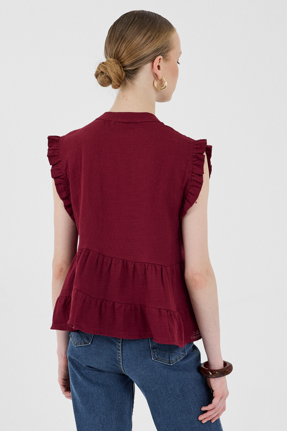 Bordo Fırfır Kollu Dantel Detaylı %100 Pamuk Müslin Bluz 8039A - 5