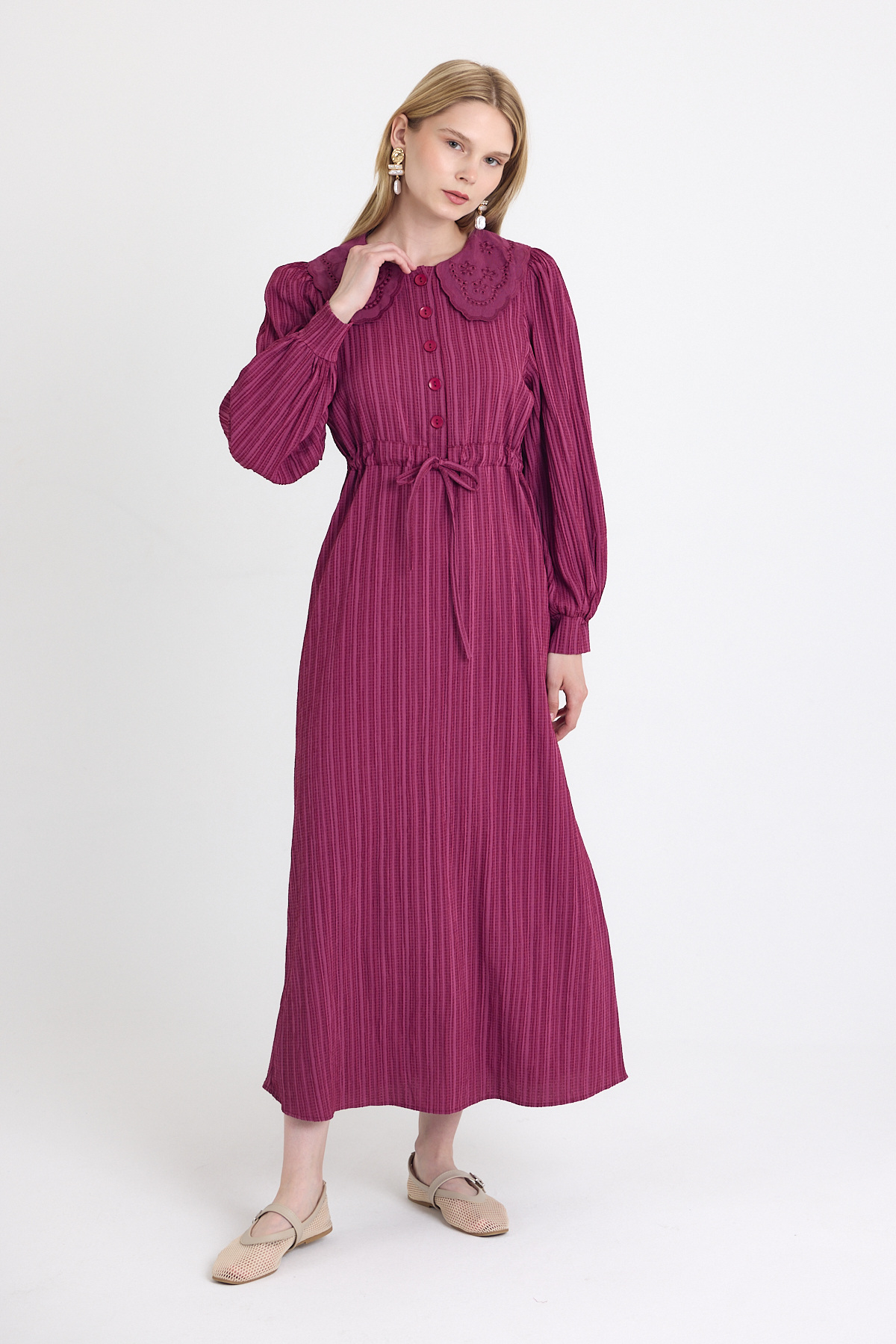 Bordo Fisto Detaylı Geniş Yaka Kuşaklı Çizgili Elbise 4330A - 6