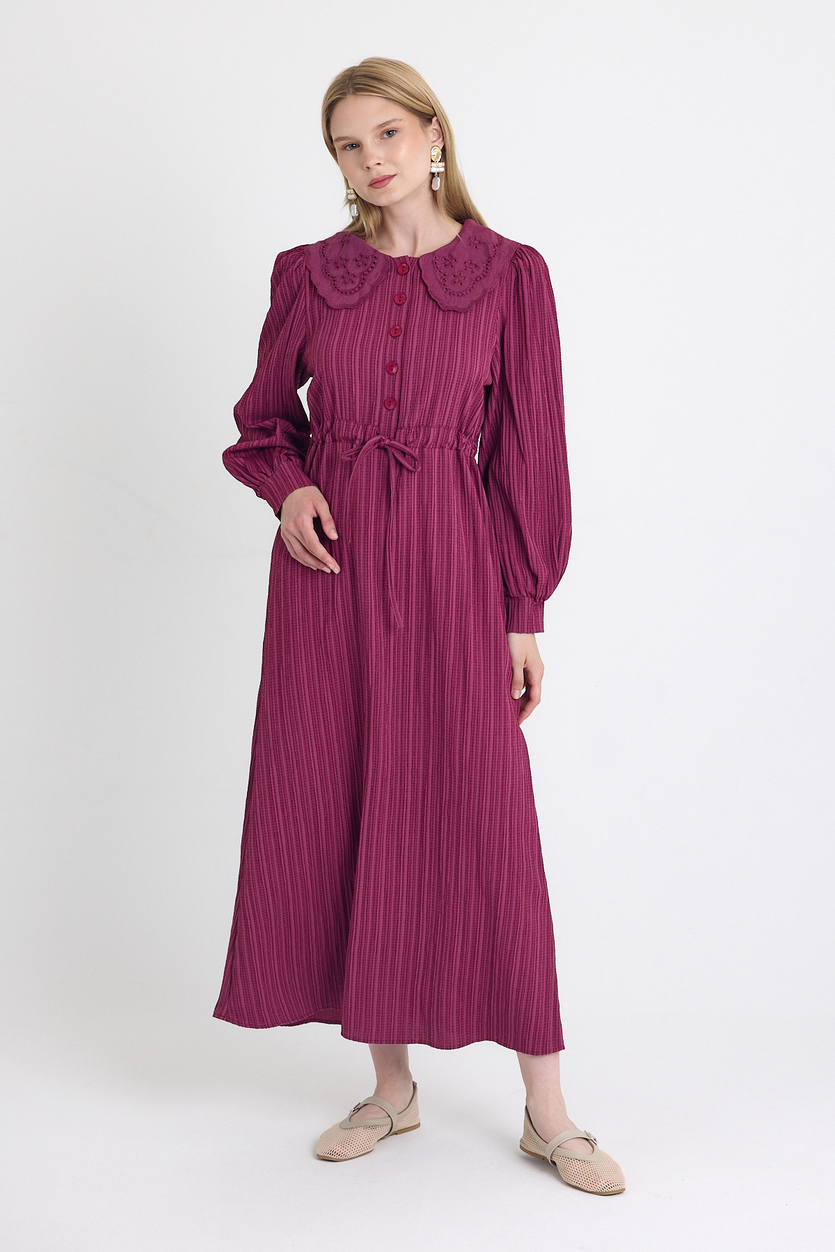 Bordo Fisto Detaylı Geniş Yaka Kuşaklı Çizgili Elbise 4330A - 3