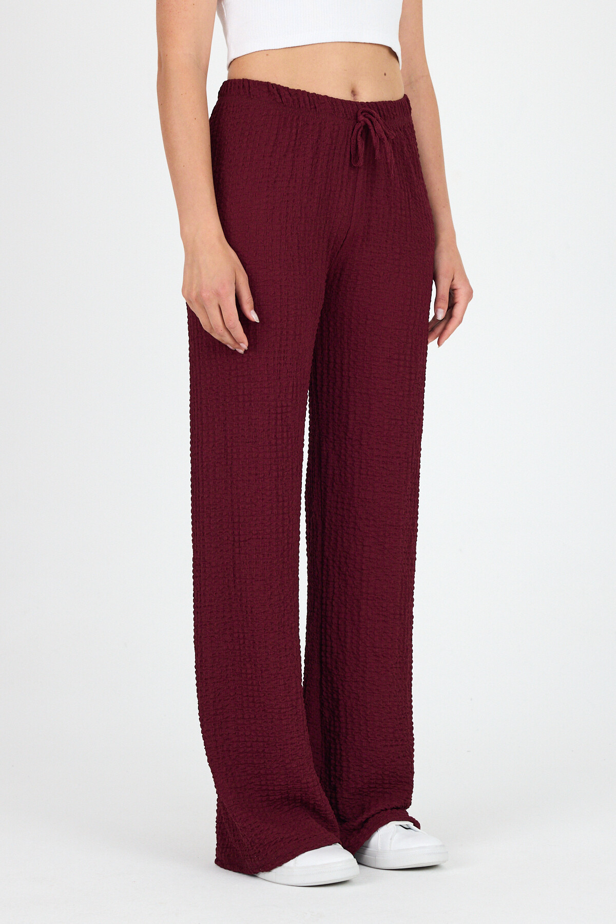 Bordo Geniş Paça Dökümlü Bürümcük Kumaş Pantolon 326 - 2