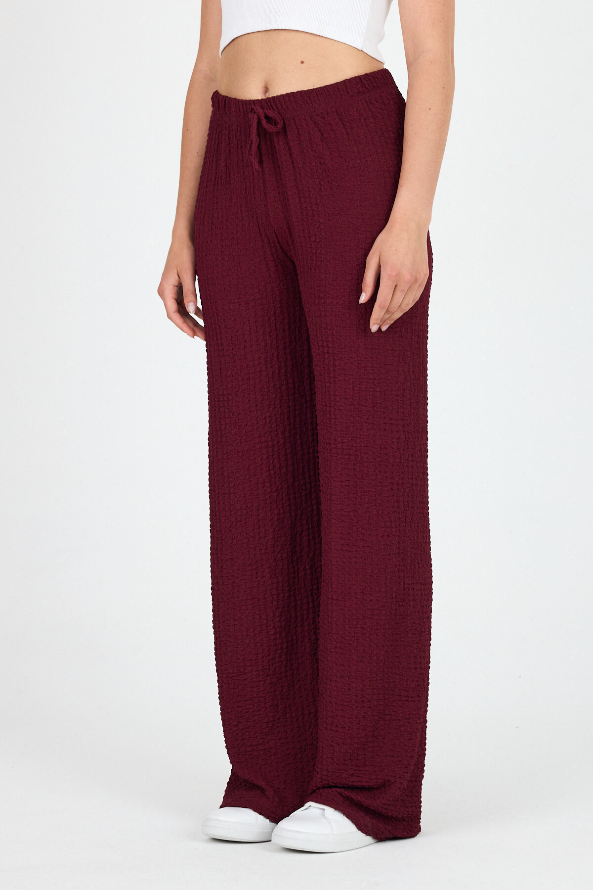 Bordo Geniş Paça Dökümlü Bürümcük Kumaş Pantolon 326 - 3