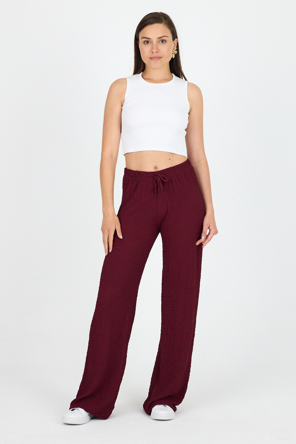 Bordo Geniş Paça Dökümlü Bürümcük Kumaş Pantolon 326 - 1