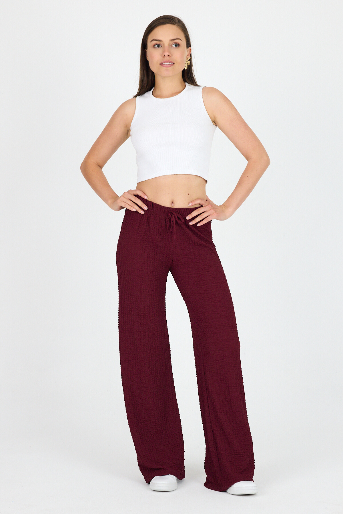 Bordo Geniş Paça Dökümlü Bürümcük Kumaş Pantolon 326 - 6