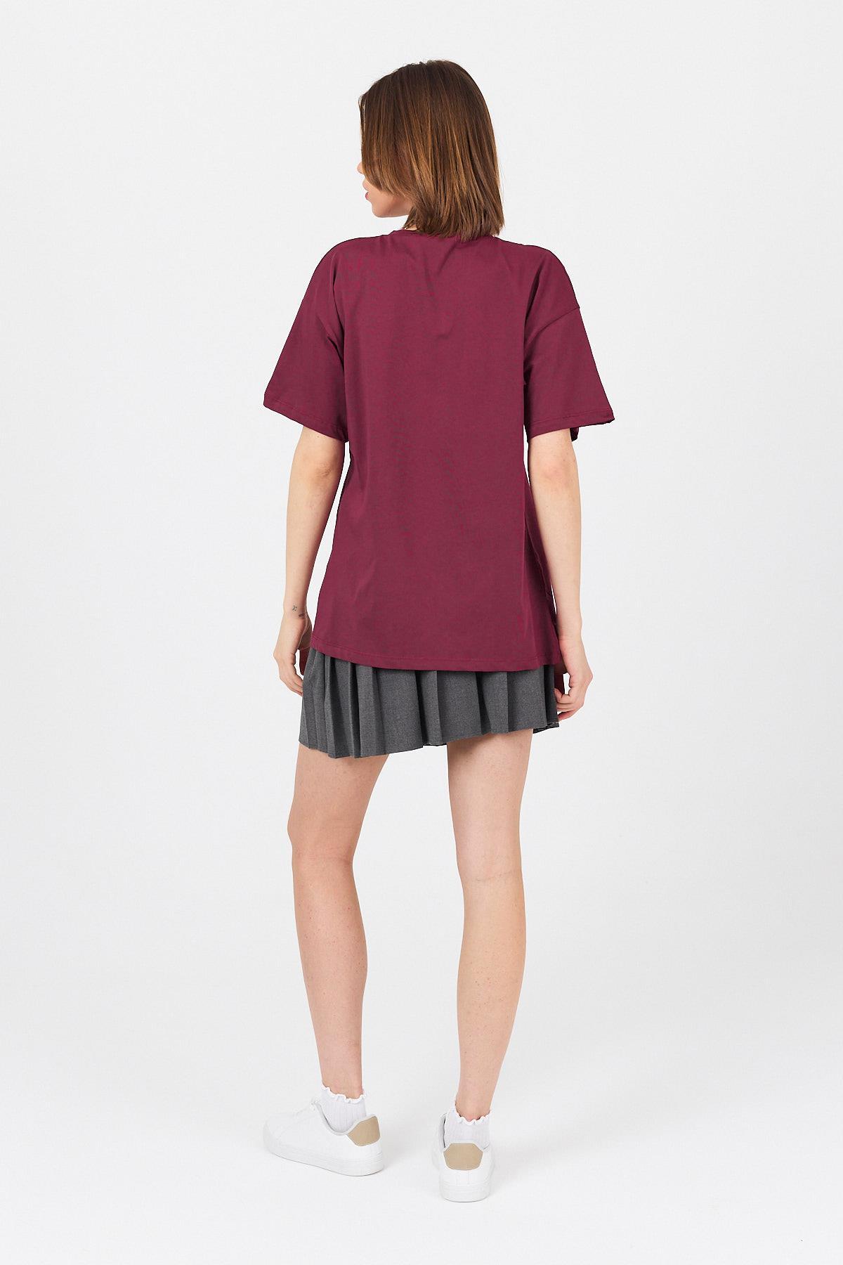 Bordo Göğüs Yazı Baskılı Pamuklu Oversize Tişört 2150-31M - 6