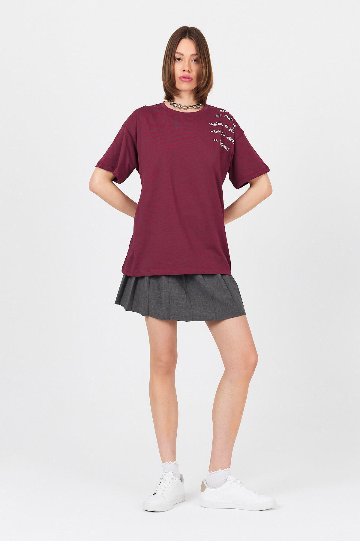 Bordo Göğüs Yazı Baskılı Pamuklu Oversize Tişört 2150-31M - 1