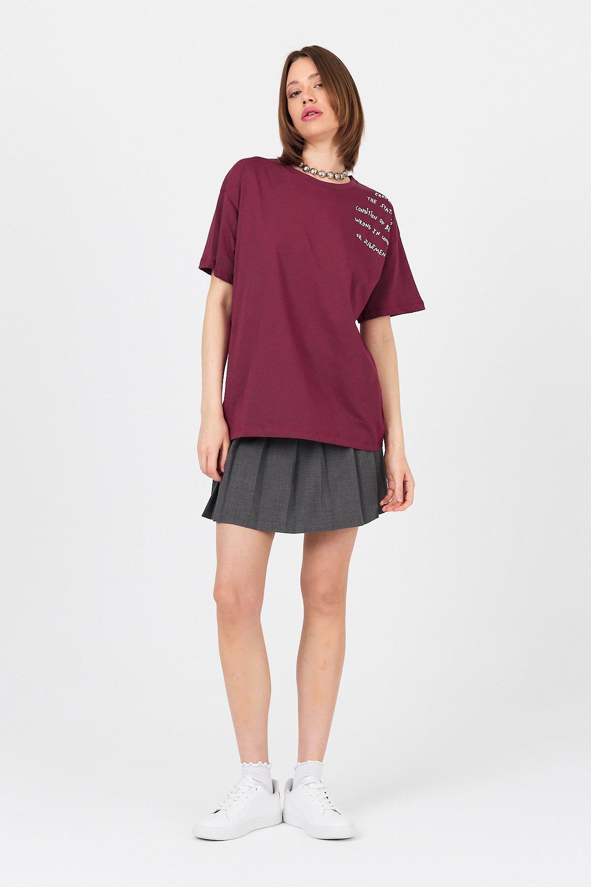 Bordo Göğüs Yazı Baskılı Pamuklu Oversize Tişört 2150-31M - 2