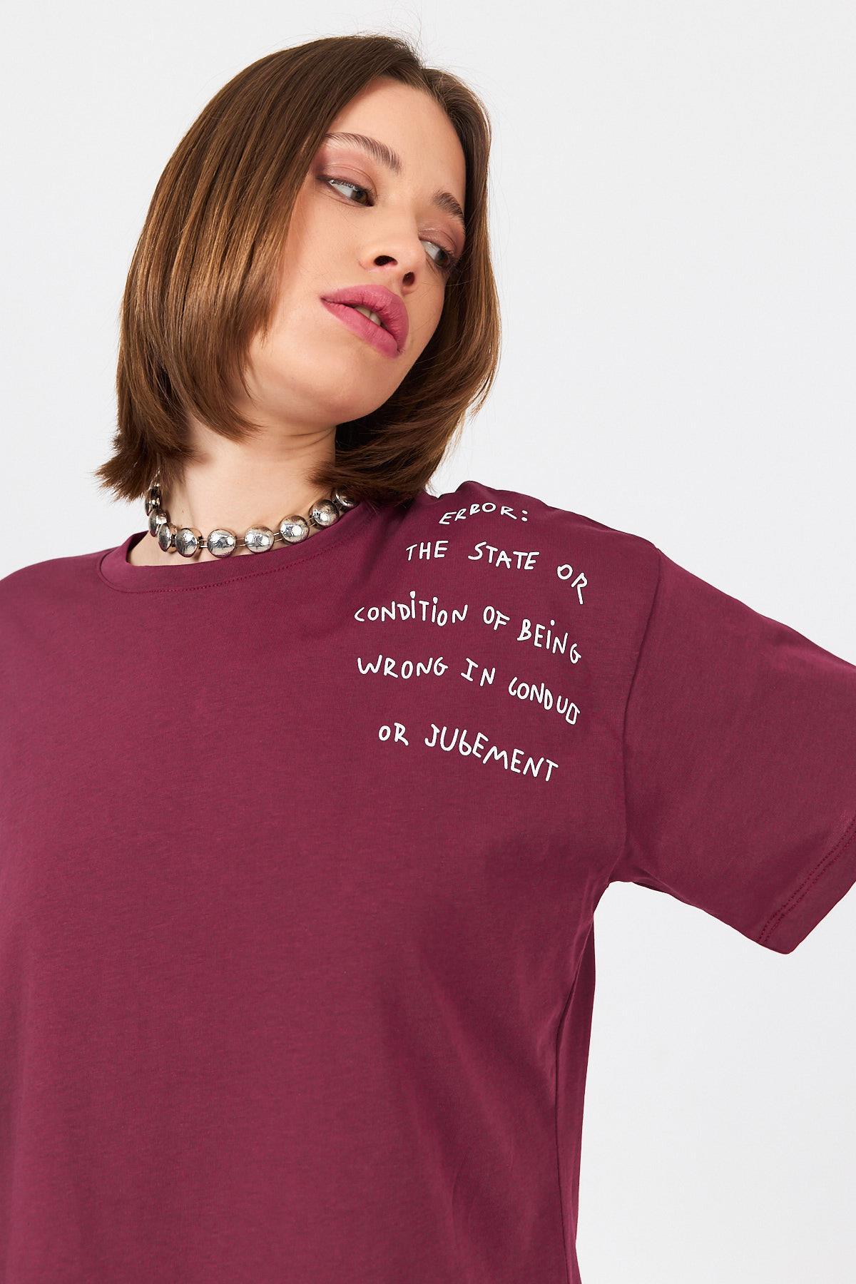 Bordo Göğüs Yazı Baskılı Pamuklu Oversize Tişört 2150-31M - 3