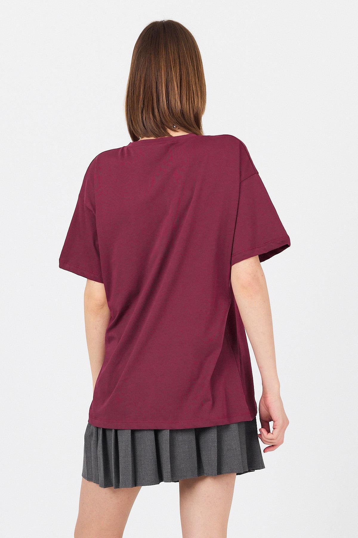 Bordo Göğüs Yazı Baskılı Pamuklu Oversize Tişört 2150-31M - 5