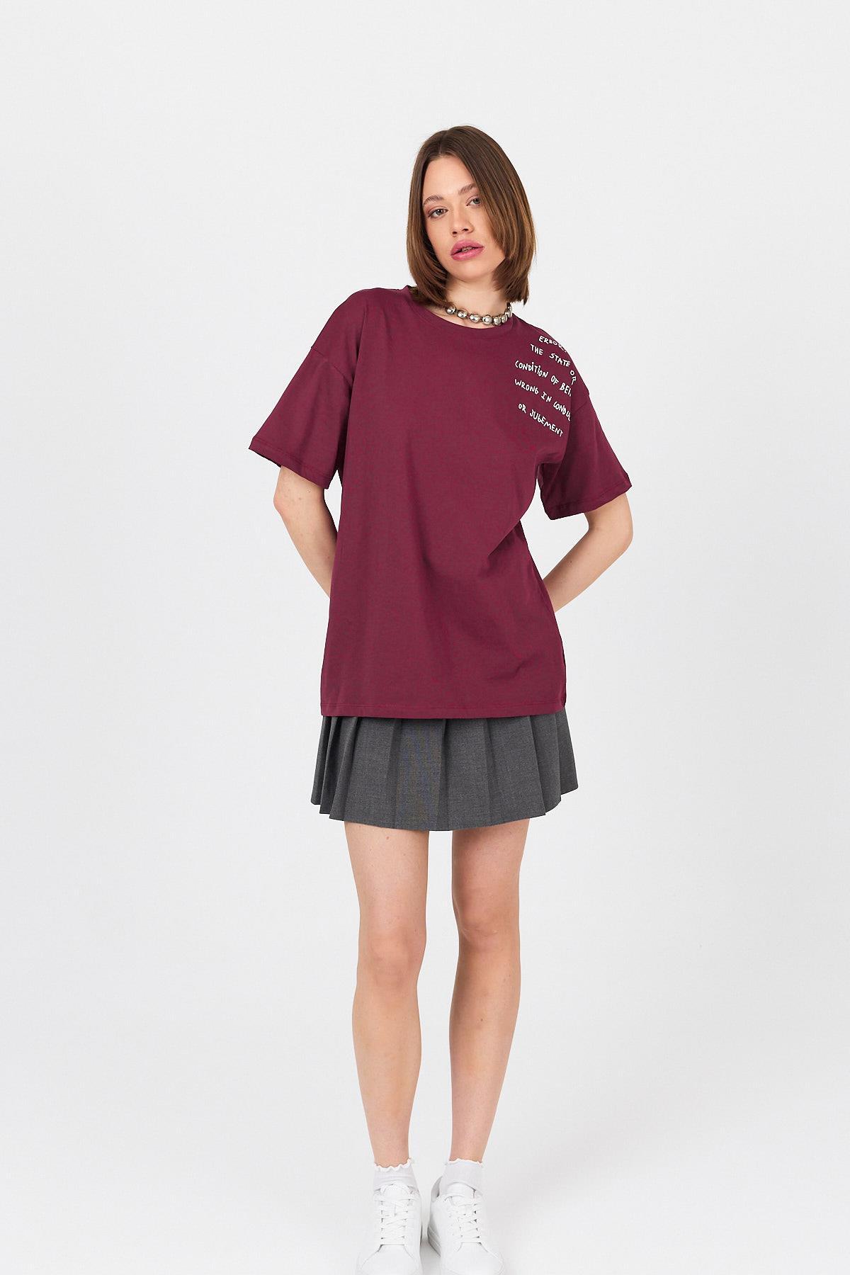 Bordo Göğüs Yazı Baskılı Pamuklu Oversize Tişört 2150-31M - 4
