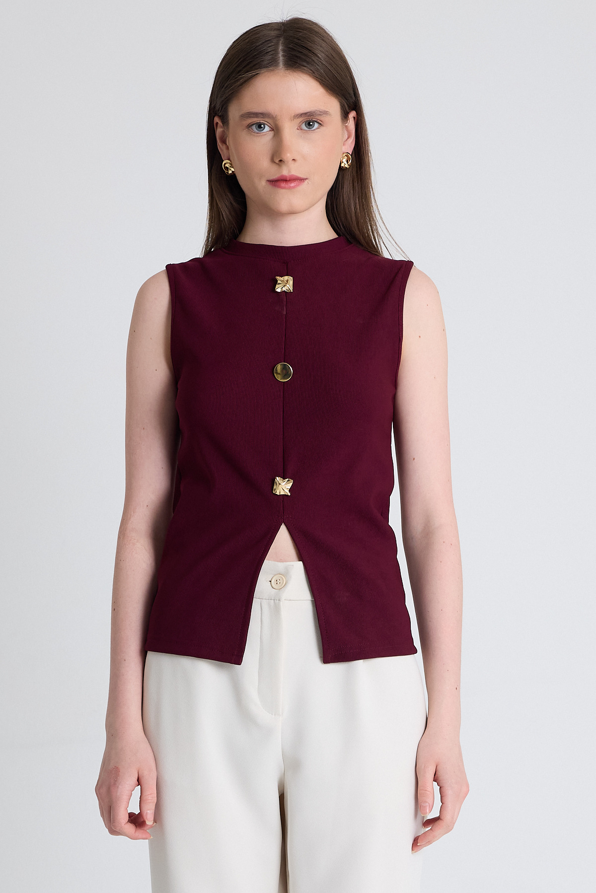 Bordo Gold Düğme Detaylı Kolsuz Bluz 2203 - 2