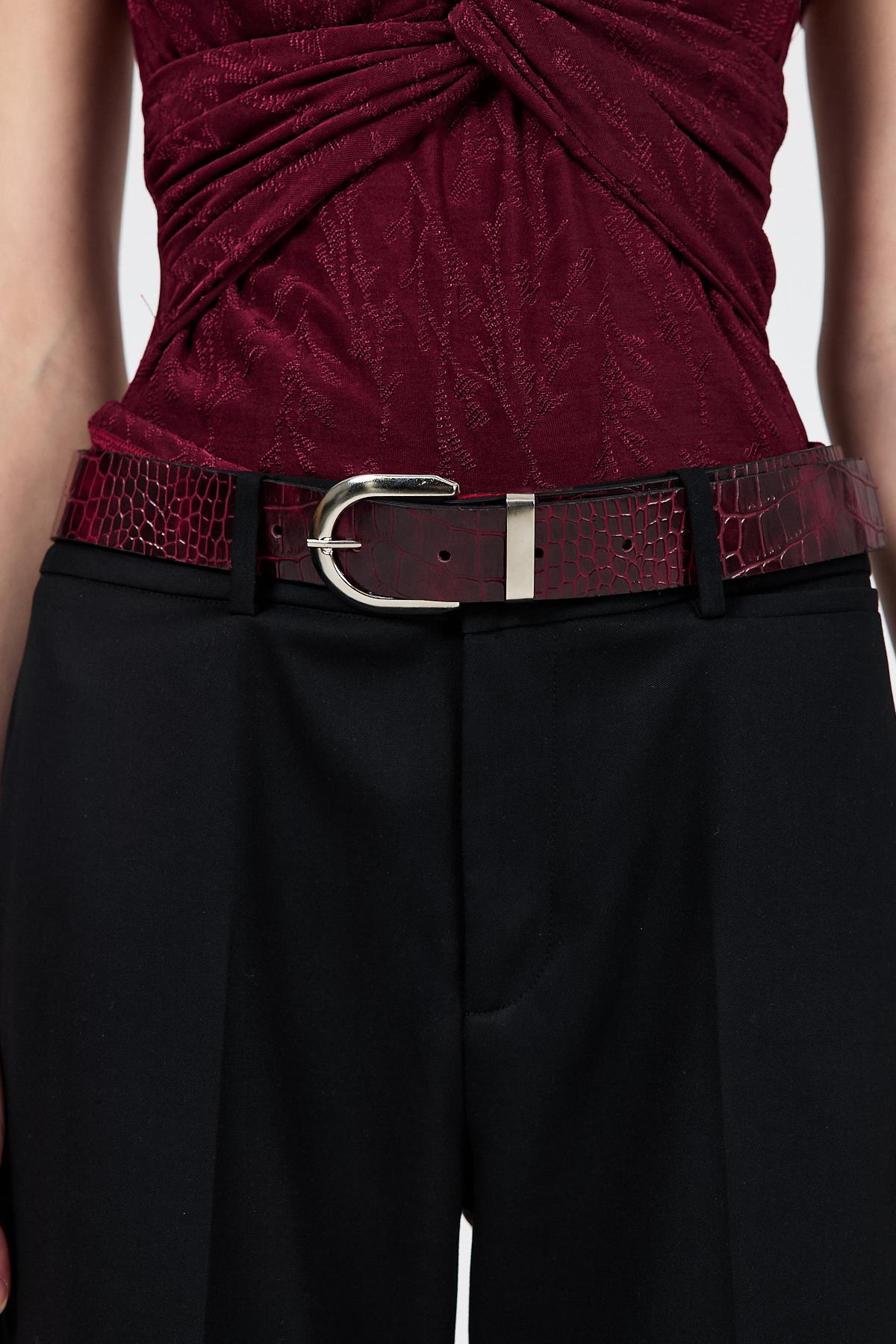 Bordo Gümüş Toka Detaylı Kroko Desen Kemer 414 - 1