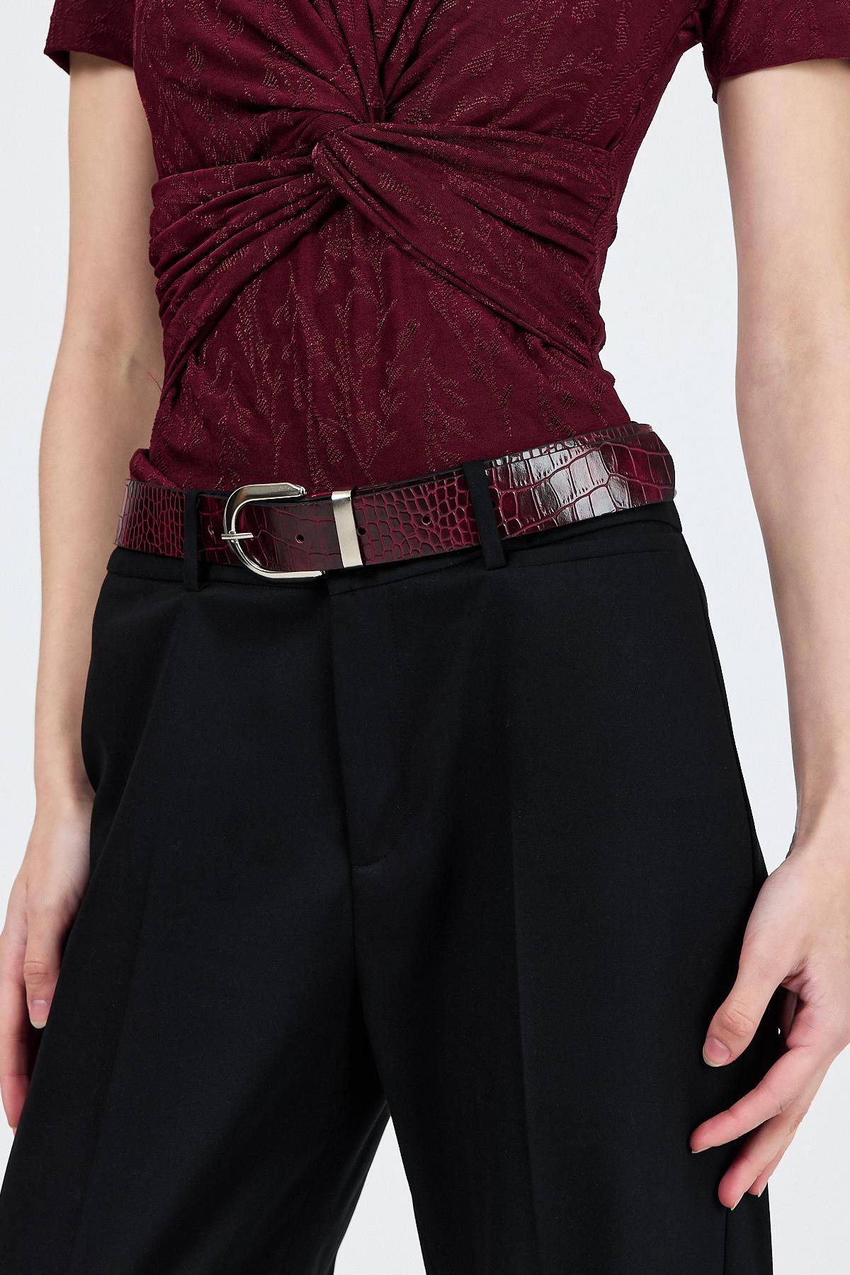 Bordo Gümüş Toka Detaylı Kroko Desen Kemer 414 - 2